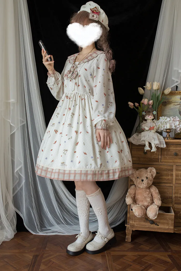 Ivory Sailor Collar Print Ruffle Bowknot Sweet Elegant Lolita Dress