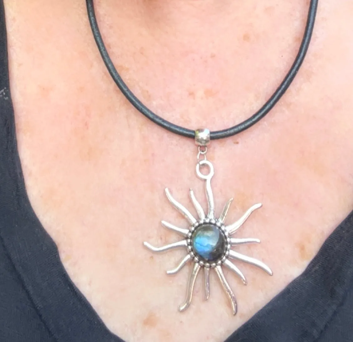 Labradorite gemstone Sun Leather Necklace