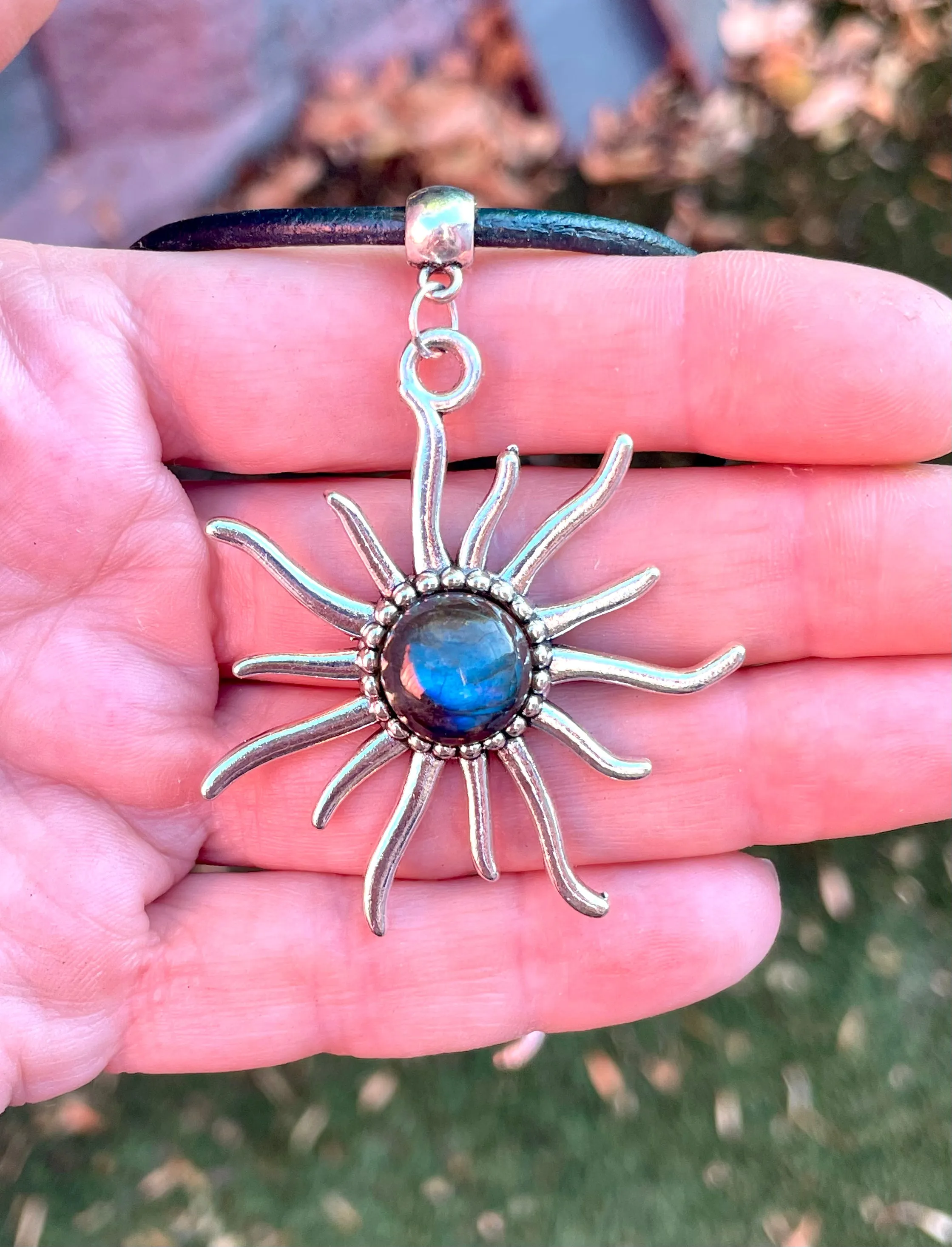 Labradorite gemstone Sun Leather Necklace