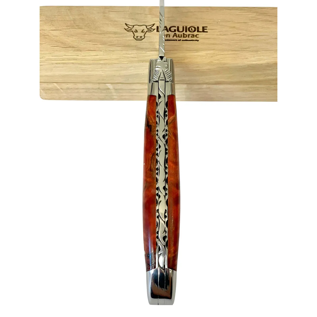 Laguiole en Aubrac Handcarved Plates Multipurpose Knife with Stabilized Red Poplar Burl, 4.75-Inches