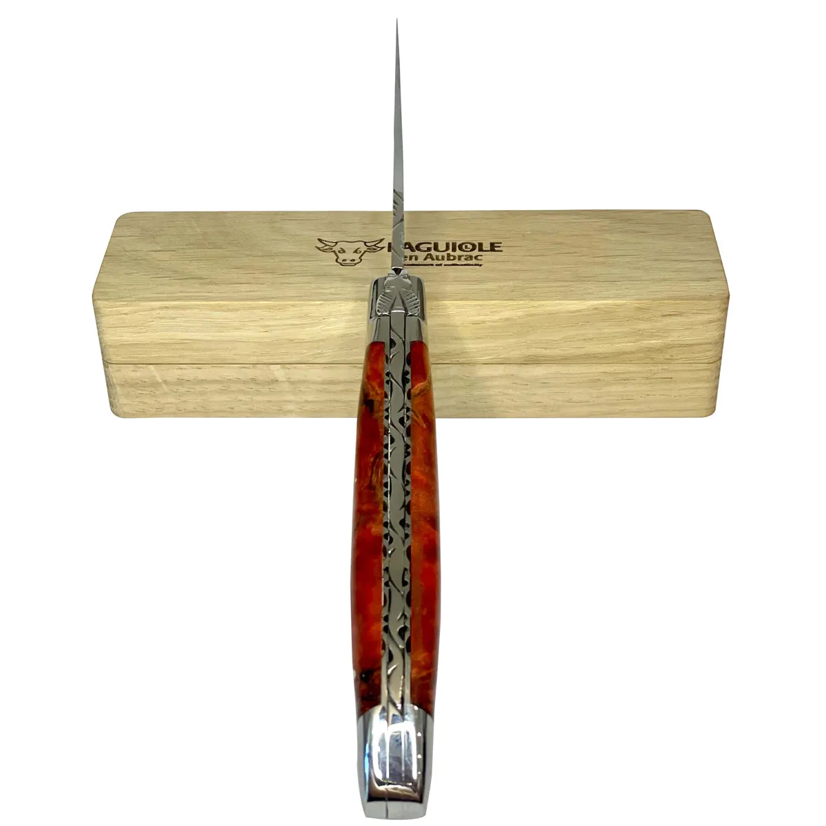 Laguiole en Aubrac Handcarved Plates Multipurpose Knife with Stabilized Red Poplar Burl, 4.75-Inches