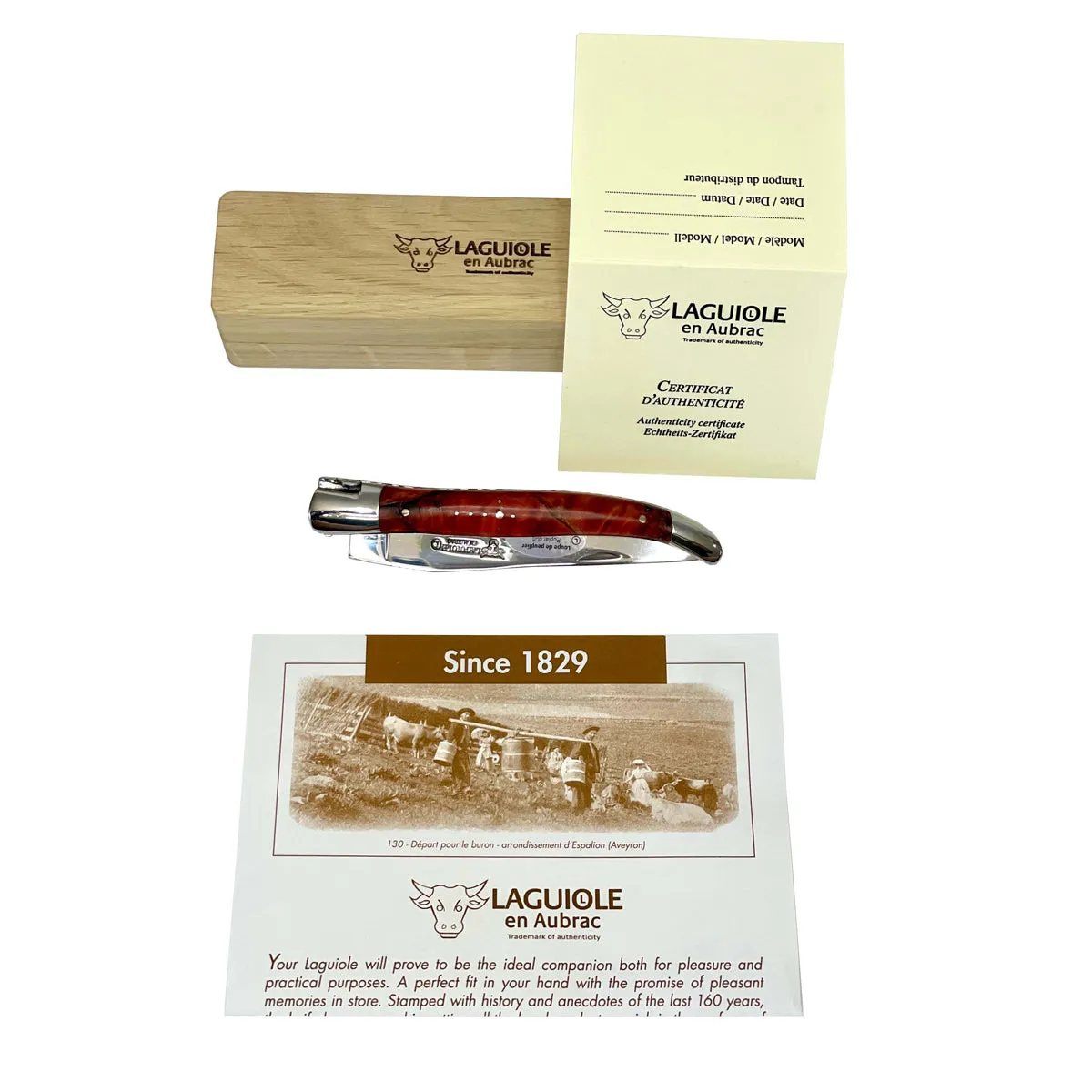 Laguiole en Aubrac Handcarved Plates Multipurpose Knife with Stabilized Red Poplar Burl, 4.75-Inches