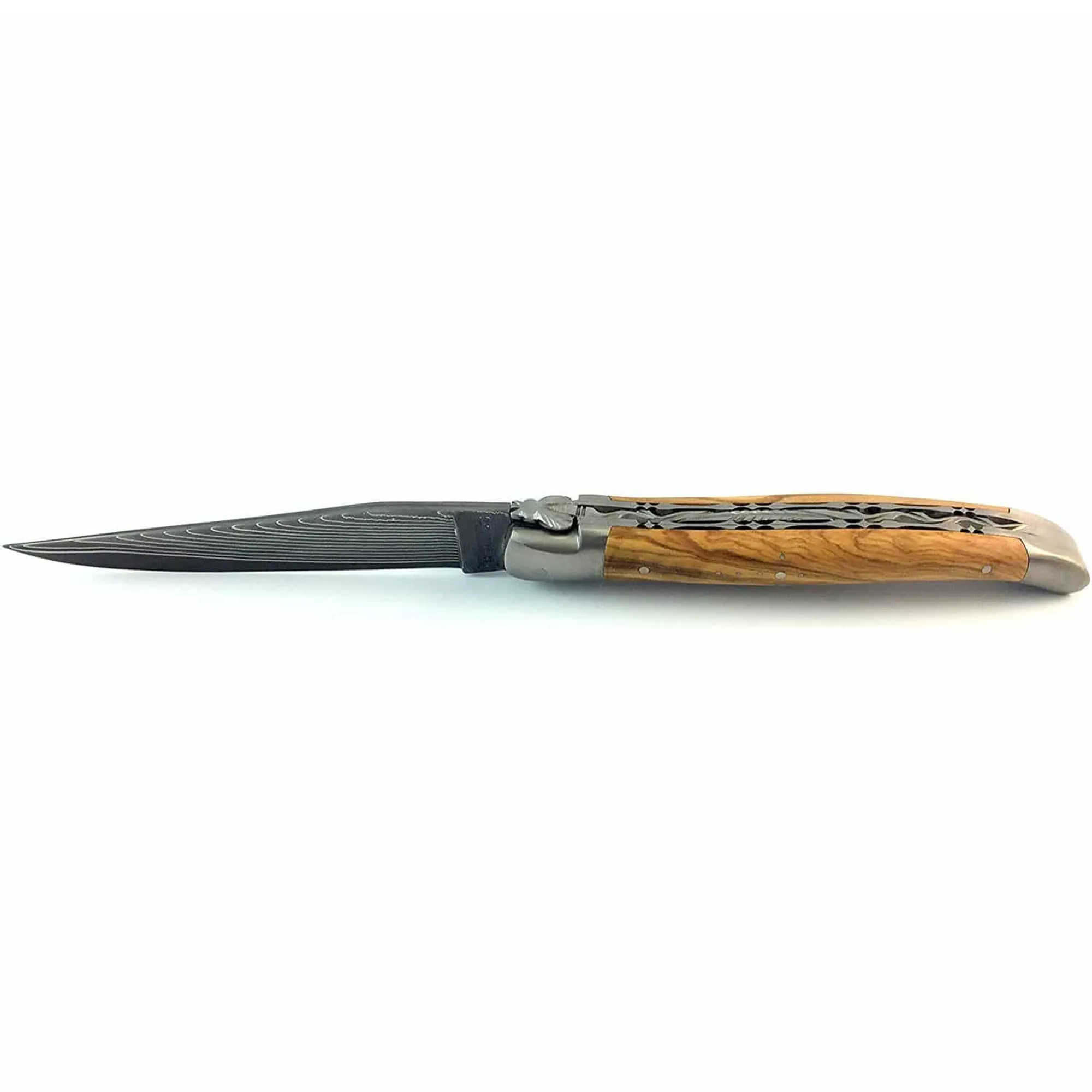 Laguiole en Aubrac Handcrafted Damascus Double Plates Multipurpose Knife with Brushed Bolsters, Olive Wood Handle, 4.75 inches