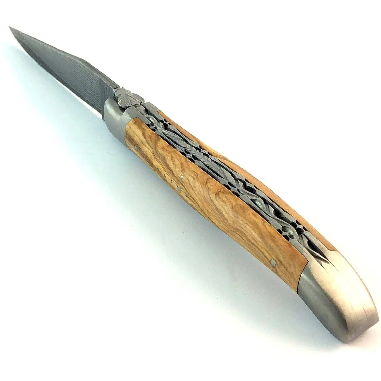 Laguiole en Aubrac Handcrafted Damascus Double Plates Multipurpose Knife with Brushed Bolsters, Olive Wood Handle, 4.75 inches