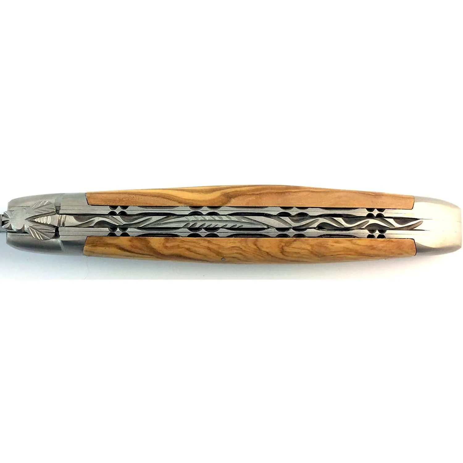 Laguiole en Aubrac Handcrafted Damascus Double Plates Multipurpose Knife with Brushed Bolsters, Olive Wood Handle, 4.75 inches
