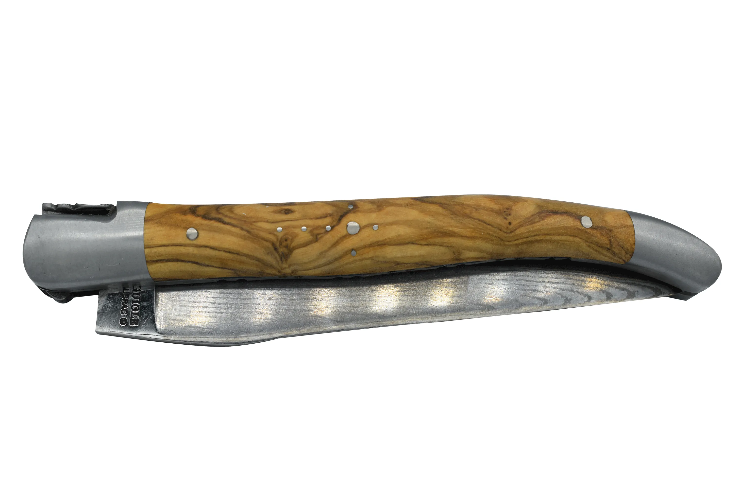 Laguiole en Aubrac Handcrafted Damascus Double Plates Multipurpose Knife with Brushed Bolsters, Olive Wood Handle, 4.75 inches
