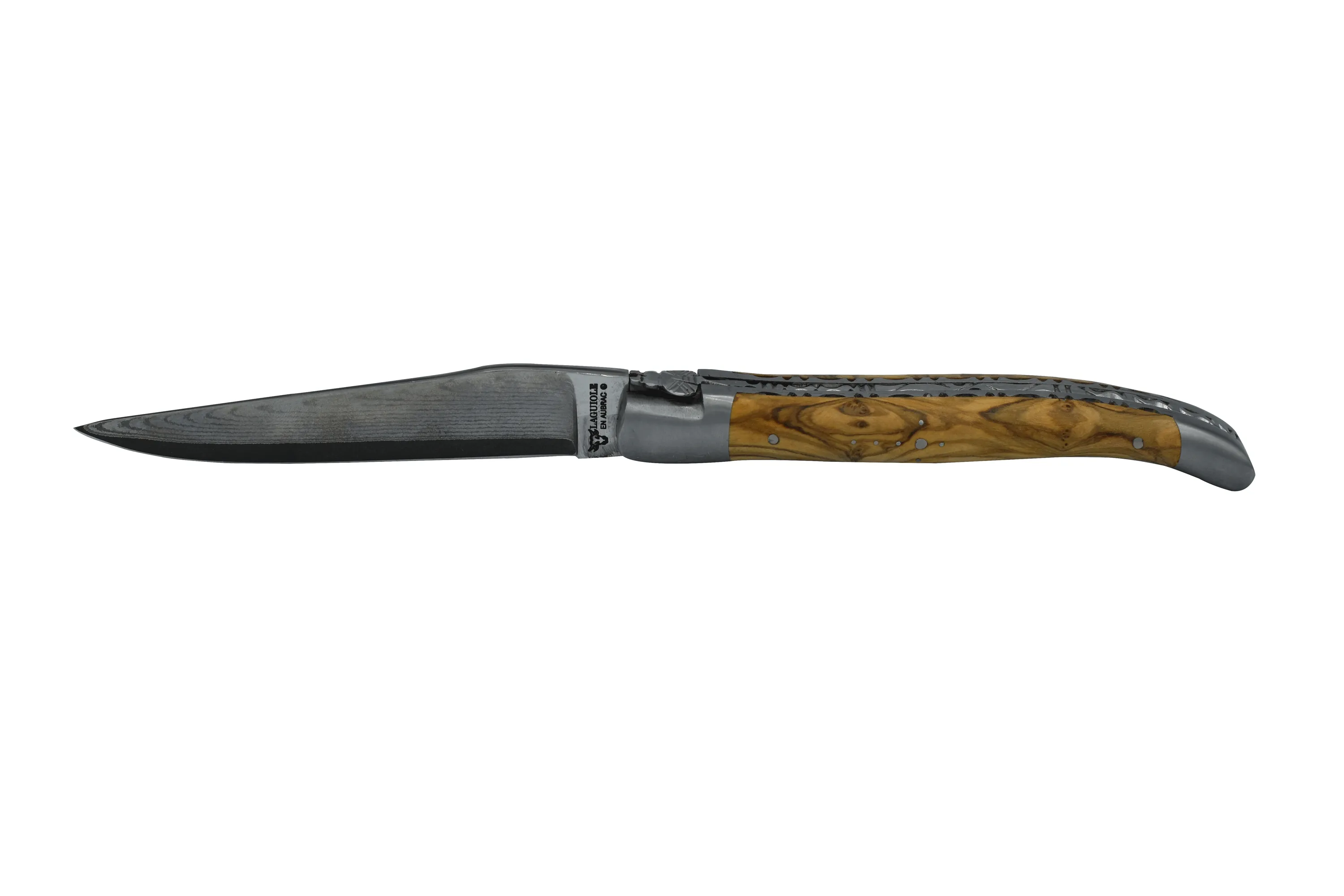 Laguiole en Aubrac Handcrafted Damascus Double Plates Multipurpose Knife with Brushed Bolsters, Olive Wood Handle, 4.75 inches