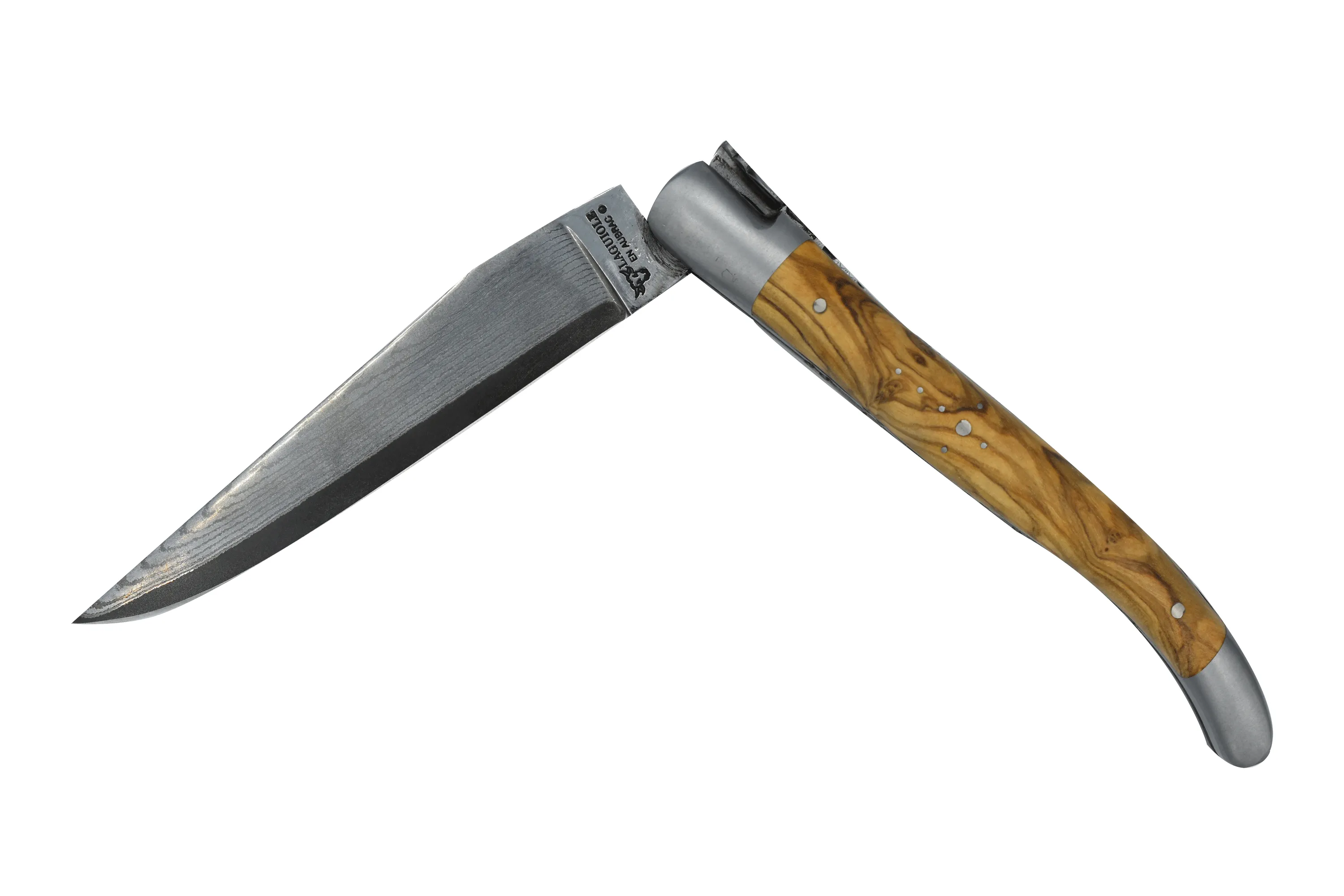 Laguiole en Aubrac Handcrafted Damascus Double Plates Multipurpose Knife with Brushed Bolsters, Olive Wood Handle, 4.75 inches