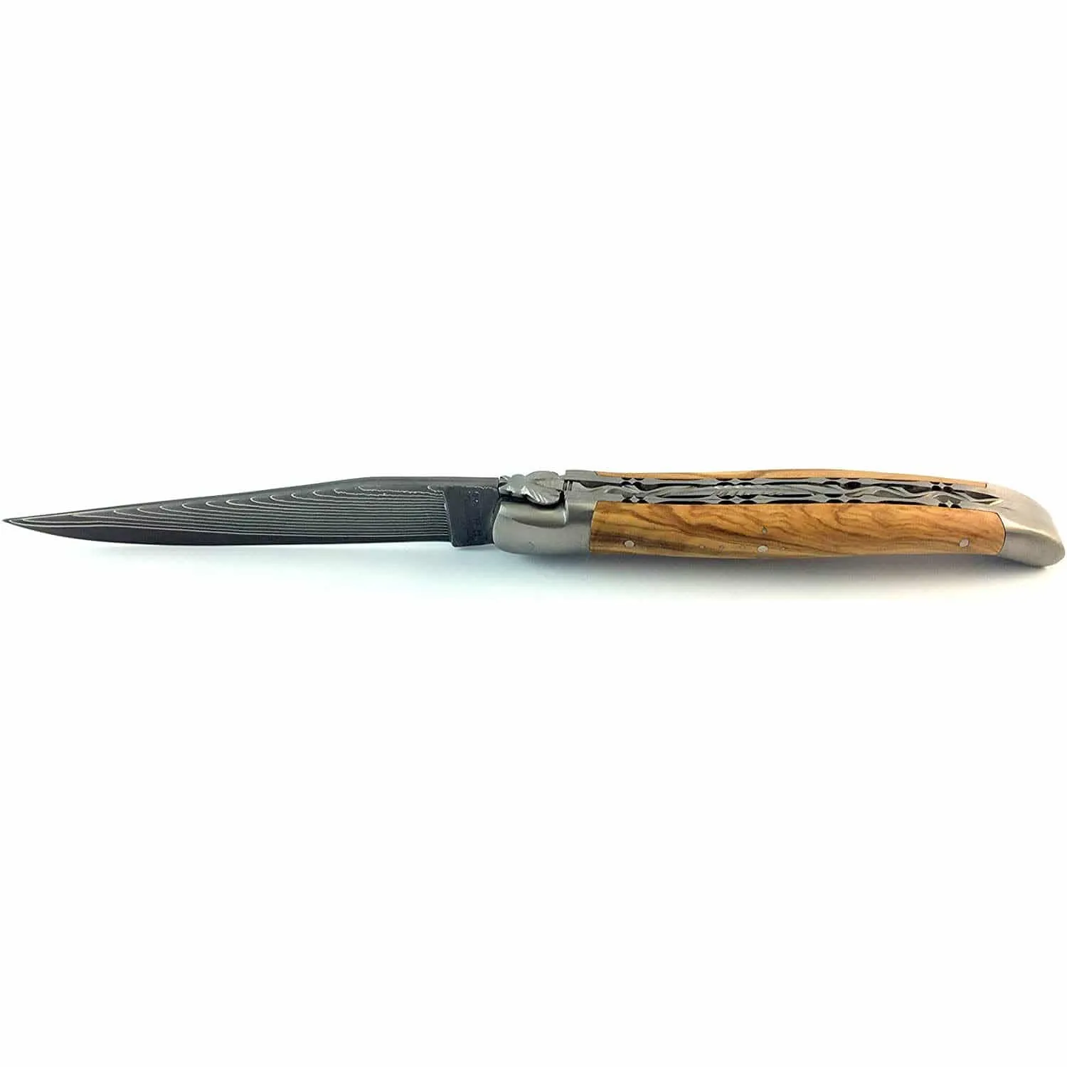 Laguiole en Aubrac Handcrafted Damascus Double Plates Multipurpose Knife with Brushed Bolsters, Olive Wood Handle, 4.75 inches