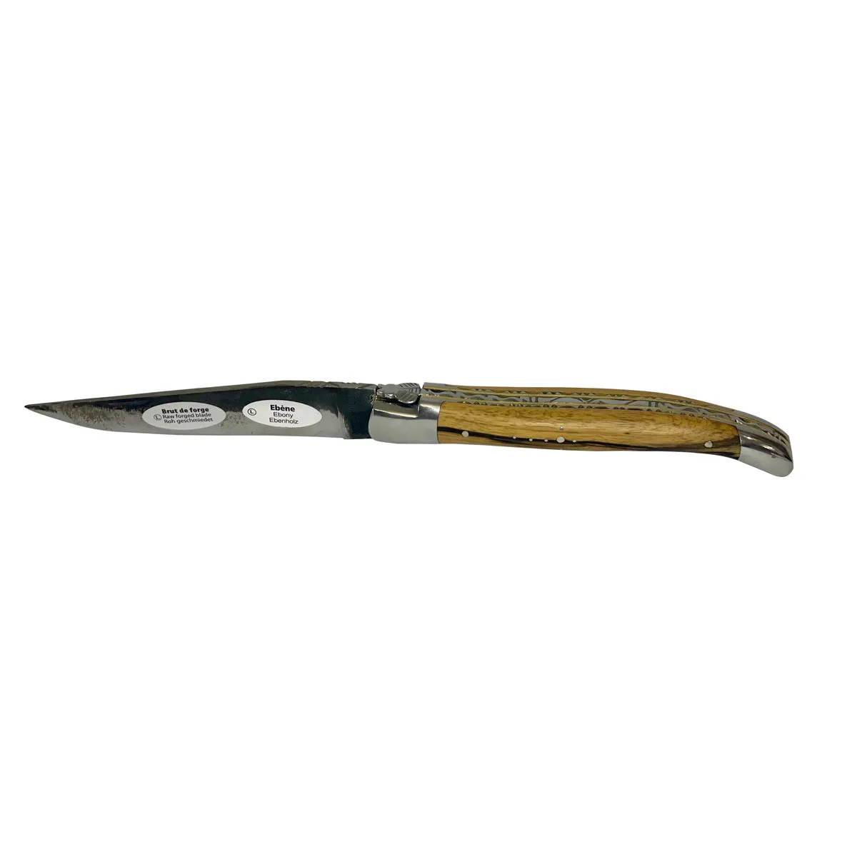 Laguiole en Aubrac Handcrafted Double Brass & Stainless Plates Multipurpose Knife, Royal Ebony Wood Handle, Raw Forged Blade, 4.75-Inches