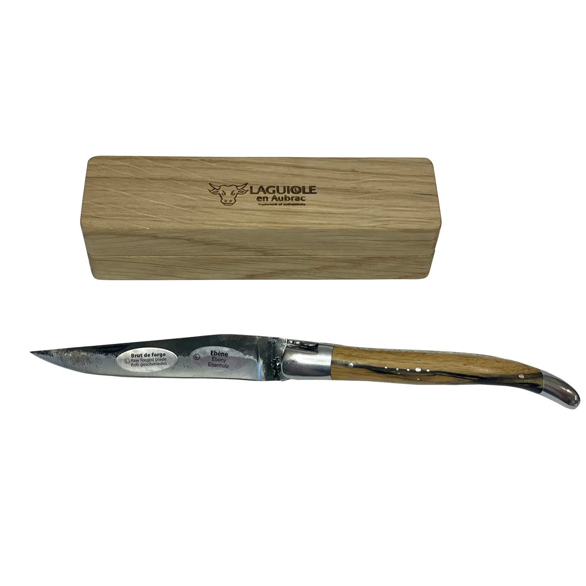 Laguiole en Aubrac Handcrafted Double Brass & Stainless Plates Multipurpose Knife, Royal Ebony Wood Handle, Raw Forged Blade, 4.75-Inches