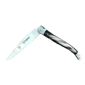 Laguiole en Aubrac Handcrafted Double Plates Multipurpose Knife, Buffalo Horn Handle, Stainless Steel Hammered Bolsters, 4.75 inches
