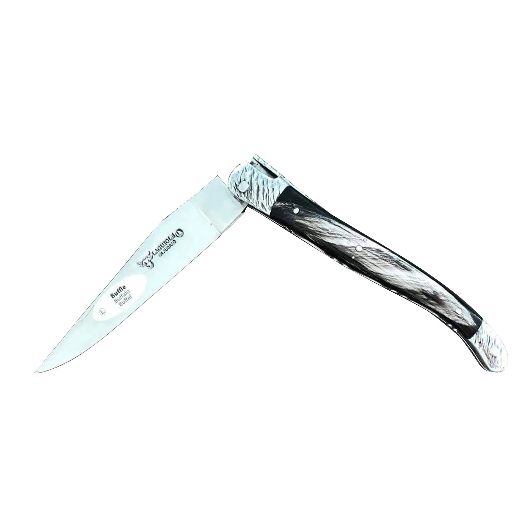 Laguiole en Aubrac Handcrafted Double Plates Multipurpose Knife, Buffalo Horn Handle, Stainless Steel Hammered Bolsters, 4.75 inches