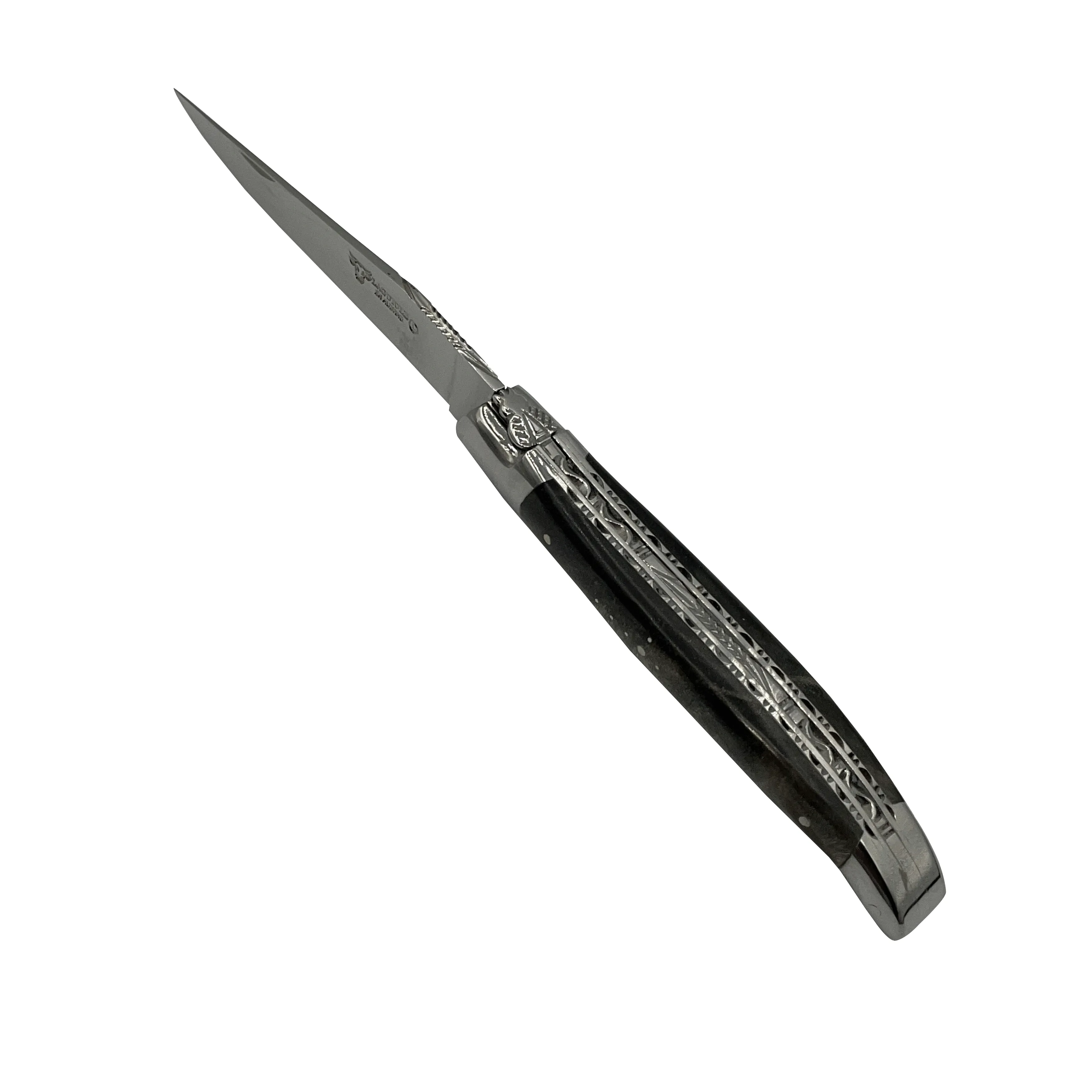 Laguiole en Aubrac Handcrafted Double Plates Multipurpose Knife Stainless Steel Bolsters, Blackened Poplar Wood Handle, 4.75 inches