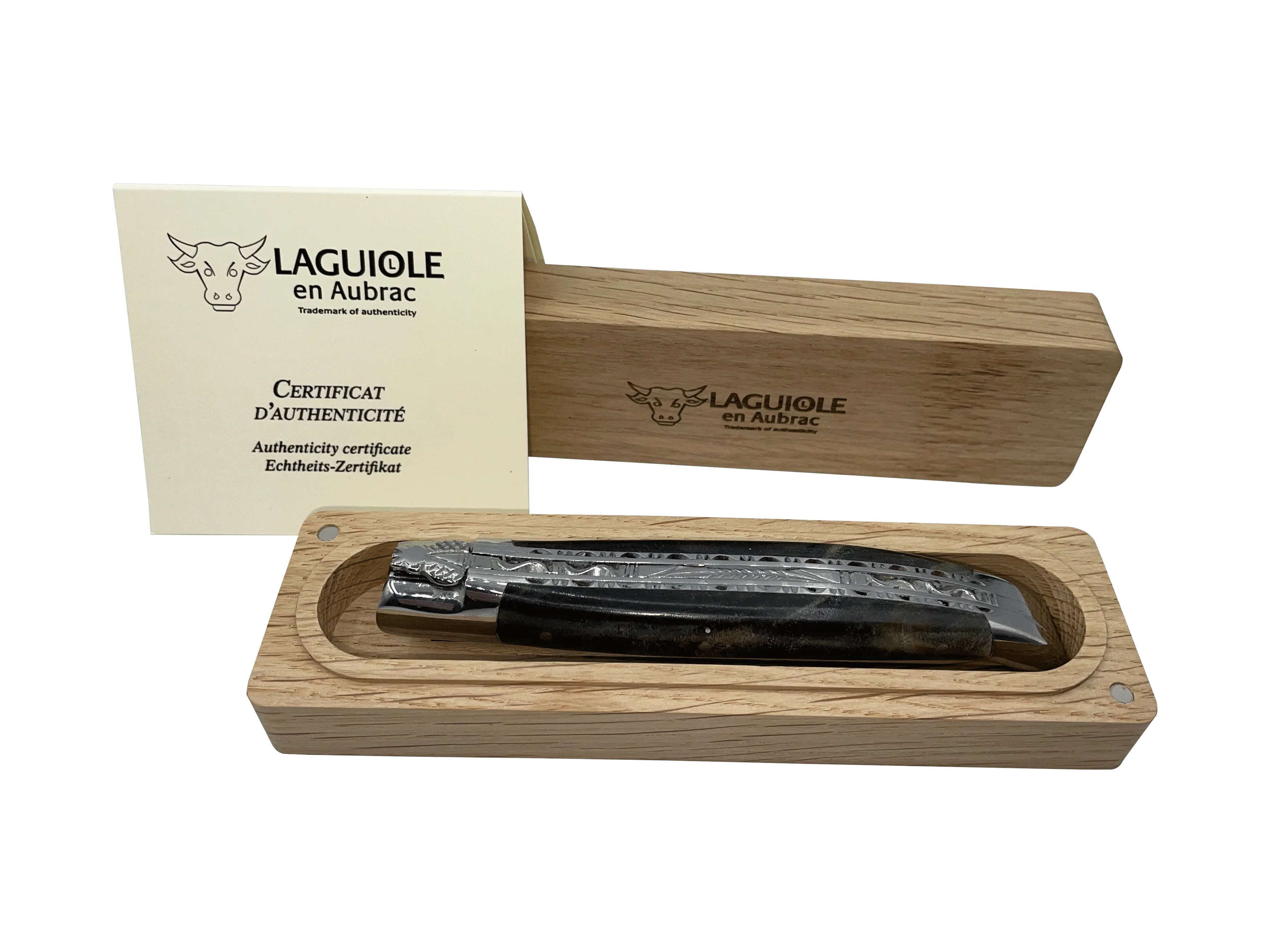 Laguiole en Aubrac Handcrafted Double Plates Multipurpose Knife Stainless Steel Bolsters, Blackened Poplar Wood Handle, 4.75 inches