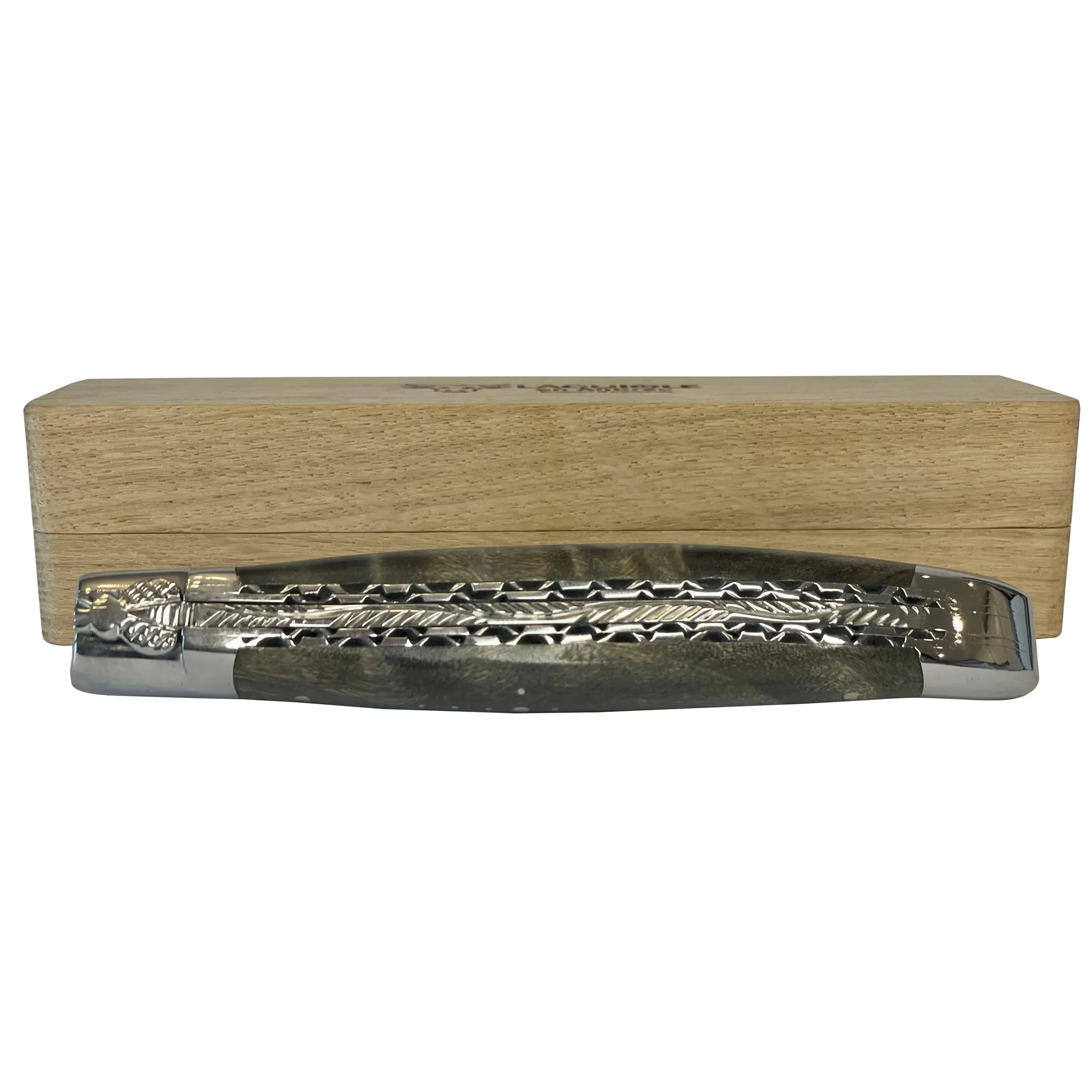 Laguiole en Aubrac Handcrafted Double Plates Multipurpose Knife Stainless Steel Bolsters, Blackened Poplar Wood Handle, 4.75 inches