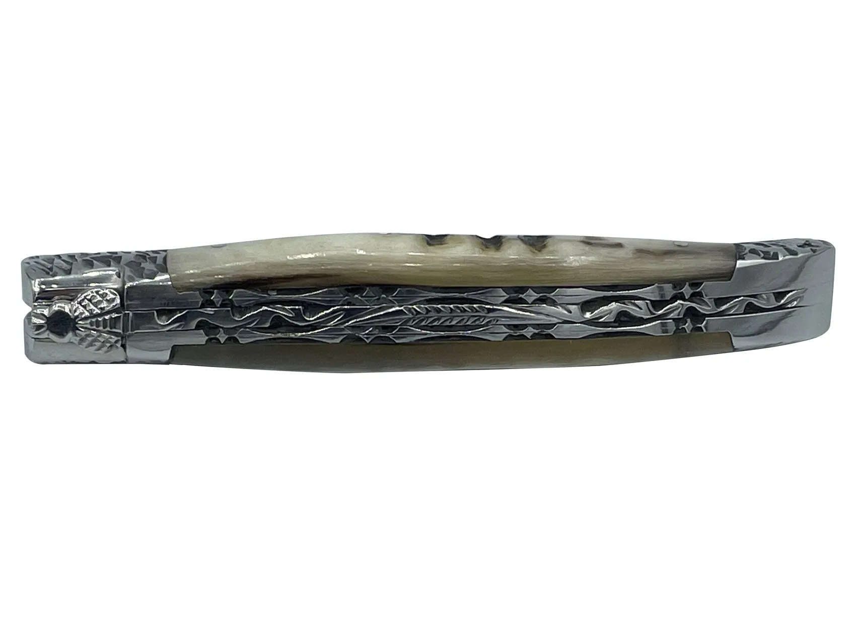 Laguiole en Aubrac Handcrafted Double Plates Multipurpose Knife Stainless Steel Bolsters, Sheep Horn Handle, 4.75 inches