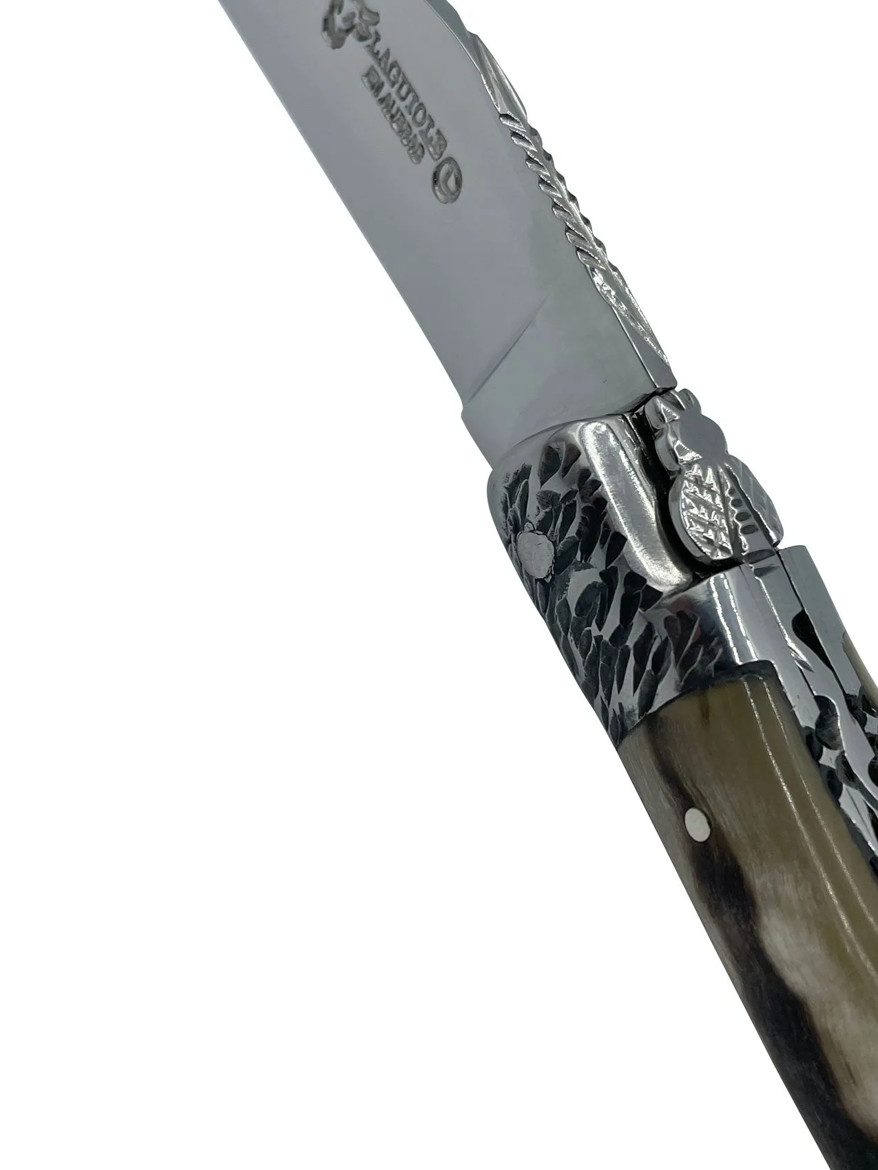Laguiole en Aubrac Handcrafted Double Plates Multipurpose Knife Stainless Steel Bolsters, Sheep Horn Handle, 4.75 inches