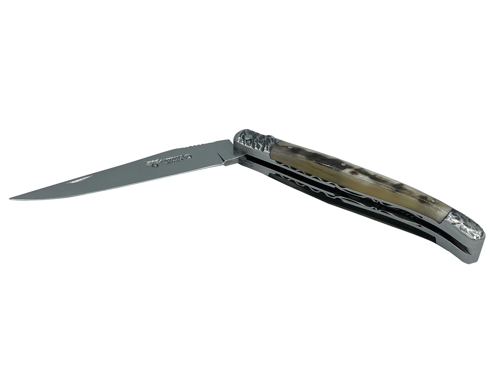 Laguiole en Aubrac Handcrafted Double Plates Multipurpose Knife Stainless Steel Bolsters, Sheep Horn Handle, 4.75 inches