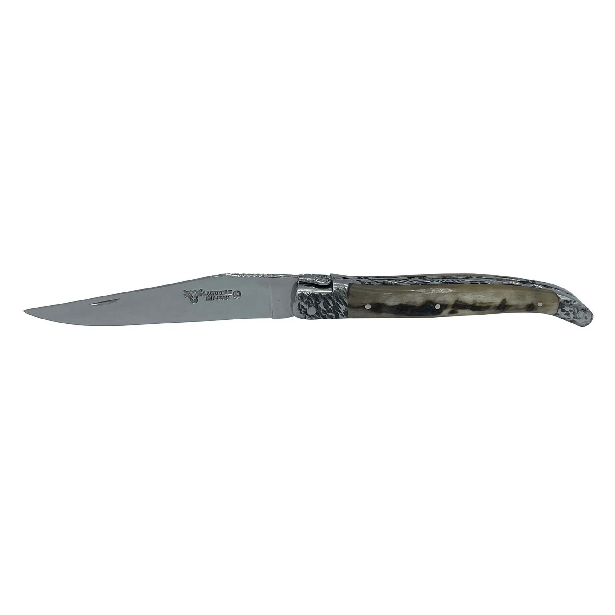 Laguiole en Aubrac Handcrafted Double Plates Multipurpose Knife Stainless Steel Bolsters, Sheep Horn Handle, 4.75 inches
