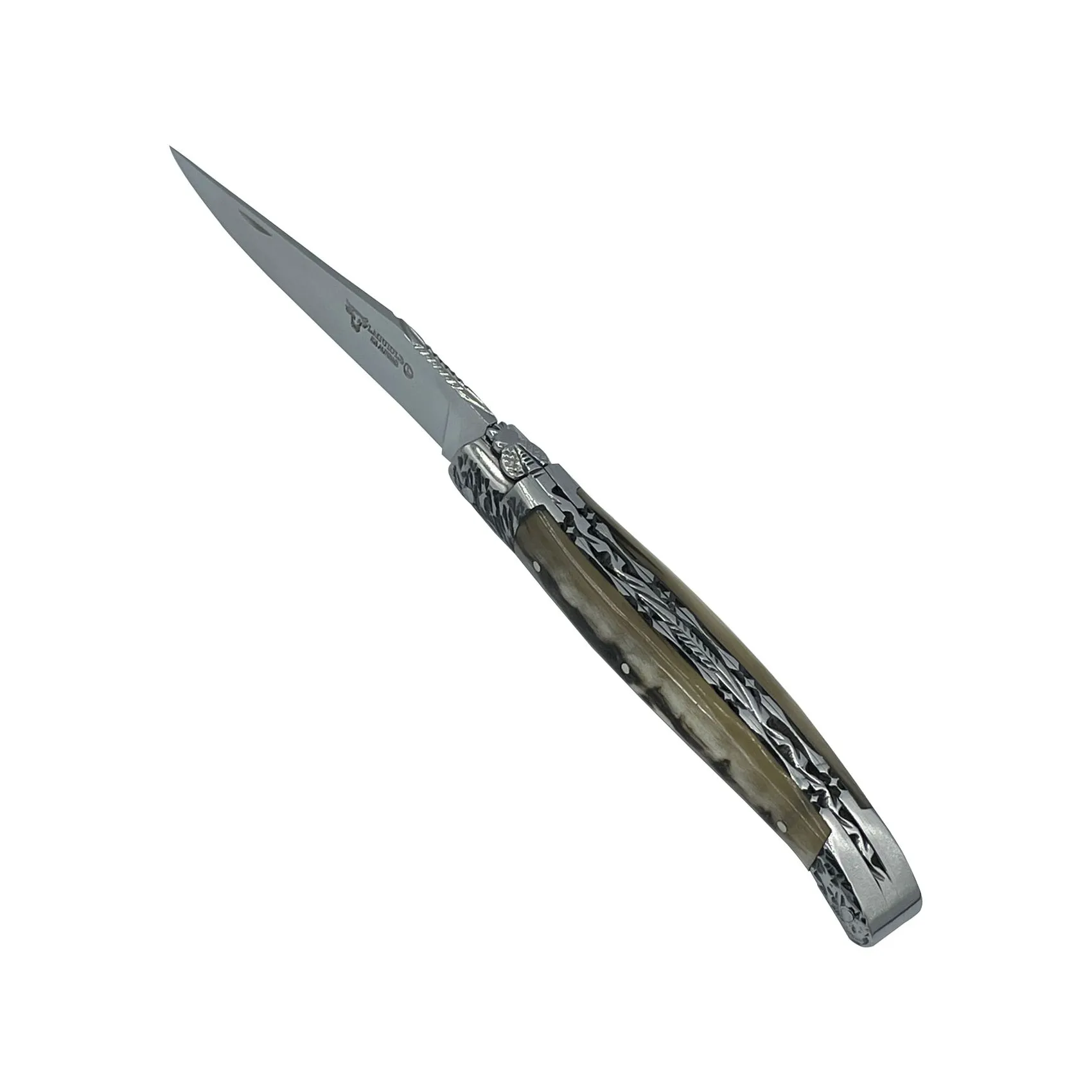 Laguiole en Aubrac Handcrafted Double Plates Multipurpose Knife Stainless Steel Bolsters, Sheep Horn Handle, 4.75 inches