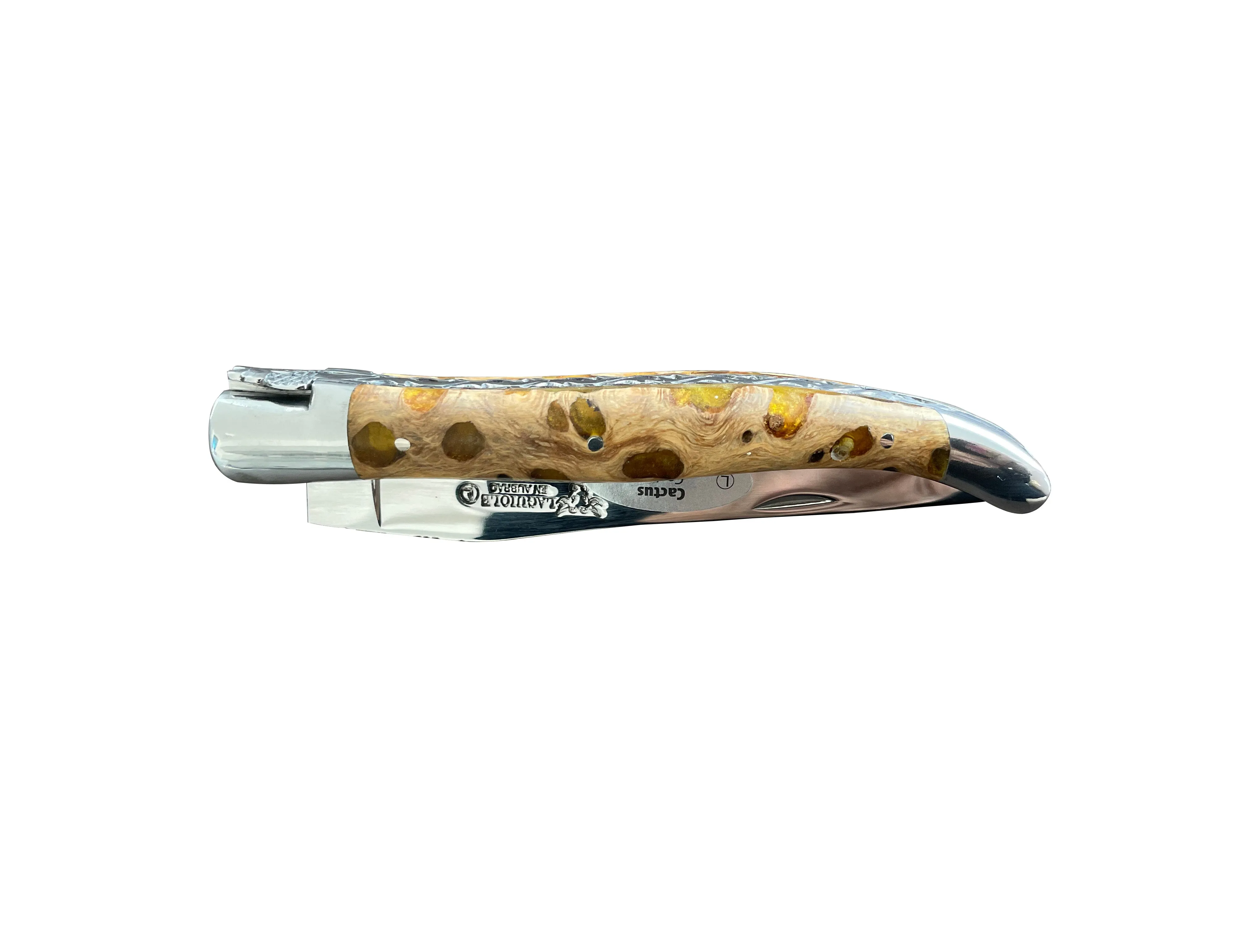 Laguiole en Aubrac Handcrafted Double Plates Multipurpose Knife With Cactus Amber Handle, 4.75-Inches