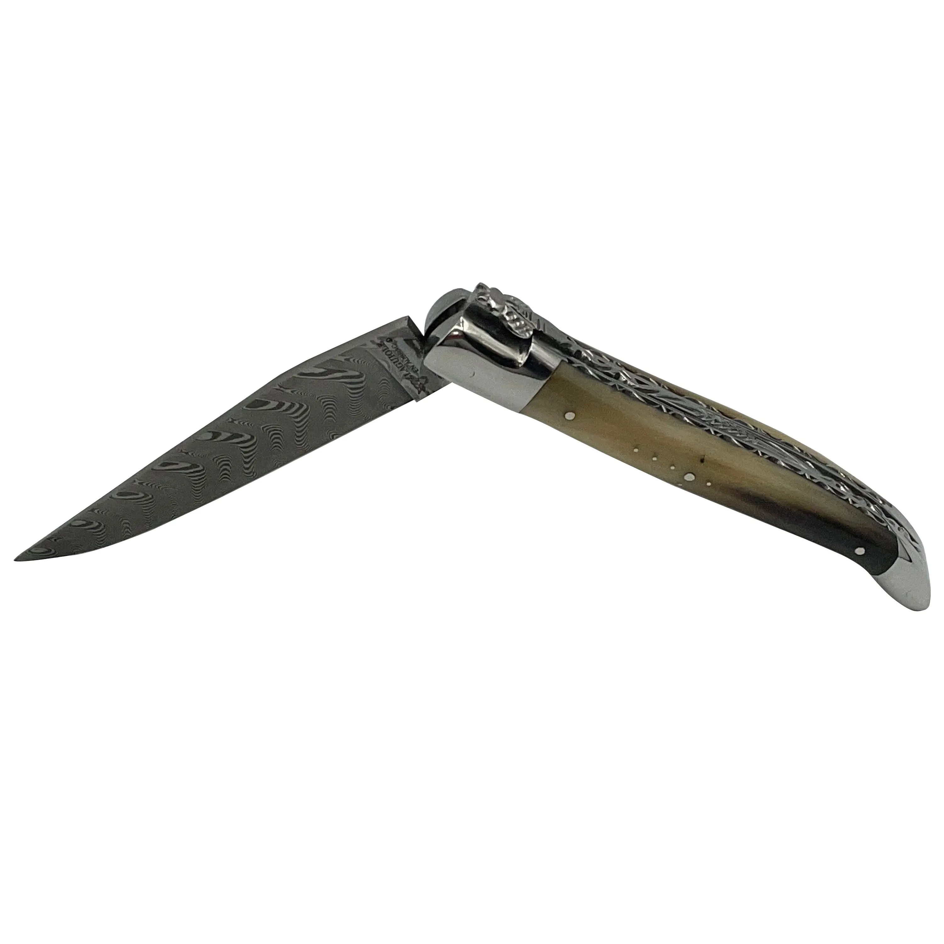 Laguiole en Aubrac Handcrafted Explosion Damascus Double Plates Multipurpose Knife with Shiny Bolsters, Solid Horn Handle, 4.75-Inches