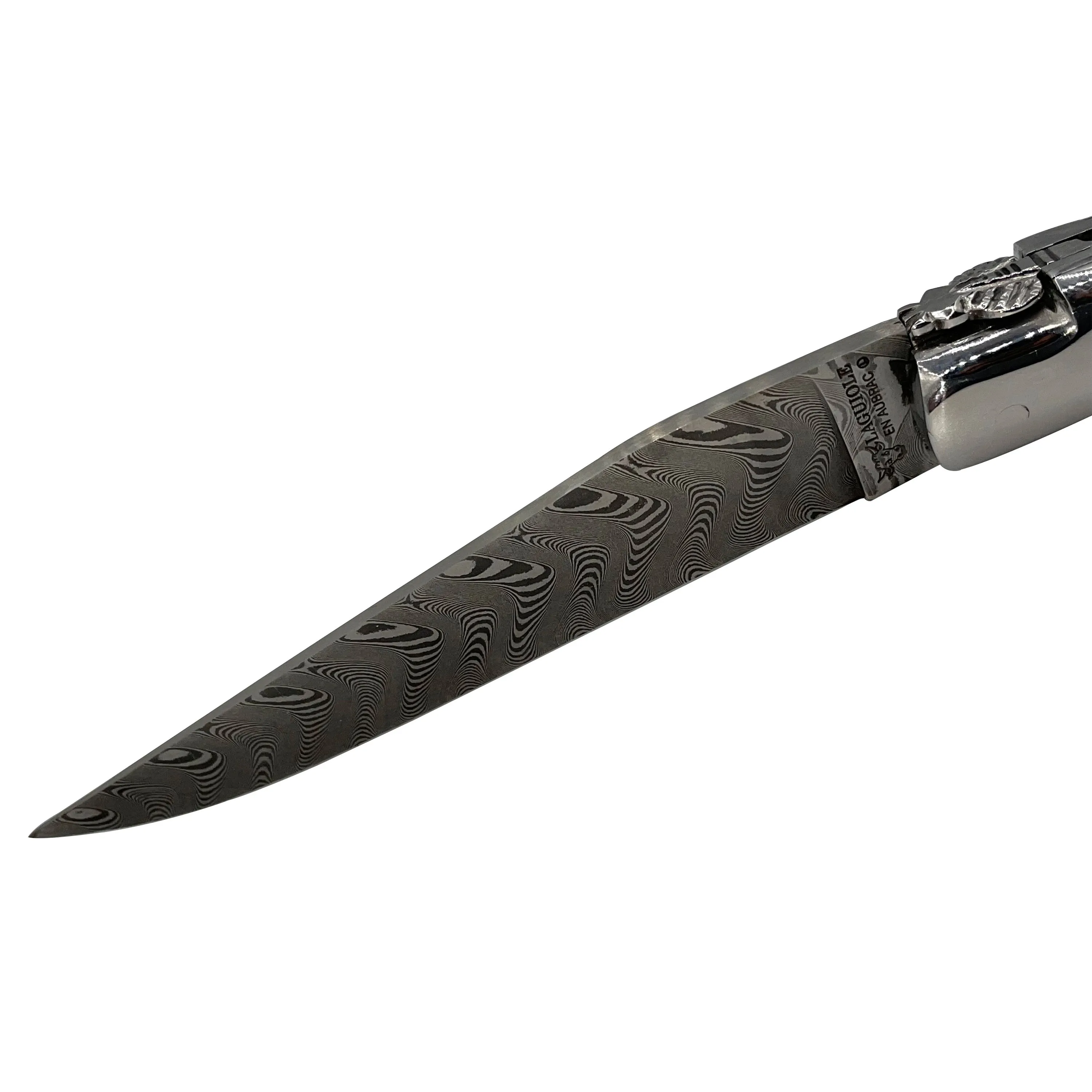 Laguiole en Aubrac Handcrafted Explosion Damascus Double Plates Multipurpose Knife with Shiny Bolsters, Solid Horn Handle, 4.75-Inches