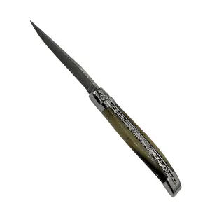 Laguiole en Aubrac Handcrafted Explosion Damascus Double Plates Multipurpose Knife with Shiny Bolsters, Solid Horn Handle, 4.75-Inches