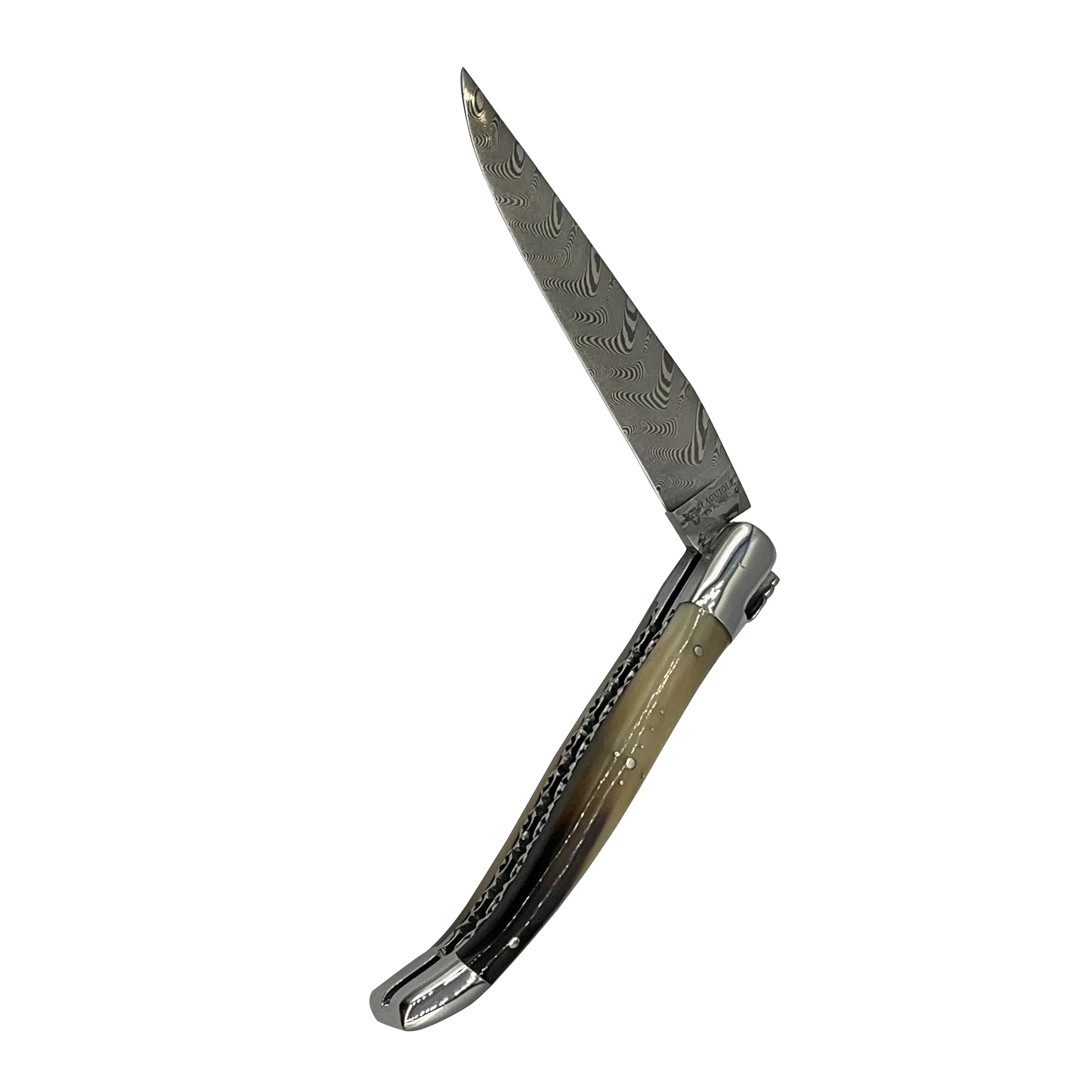 Laguiole en Aubrac Handcrafted Explosion Damascus Double Plates Multipurpose Knife with Shiny Bolsters, Solid Horn Handle, 4.75-Inches