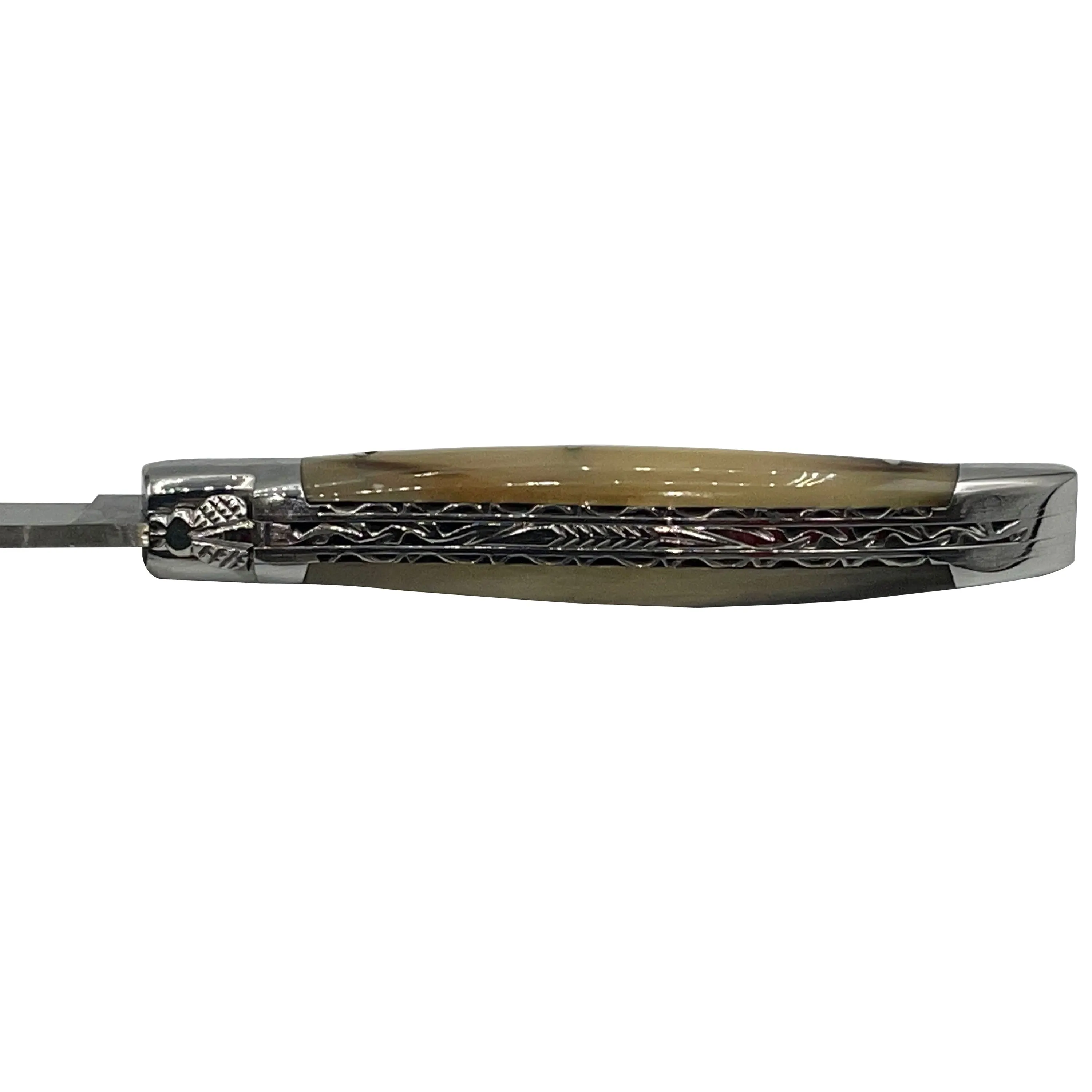 Laguiole en Aubrac Handcrafted Explosion Damascus Double Plates Multipurpose Knife with Shiny Bolsters, Solid Horn Handle, 4.75-Inches