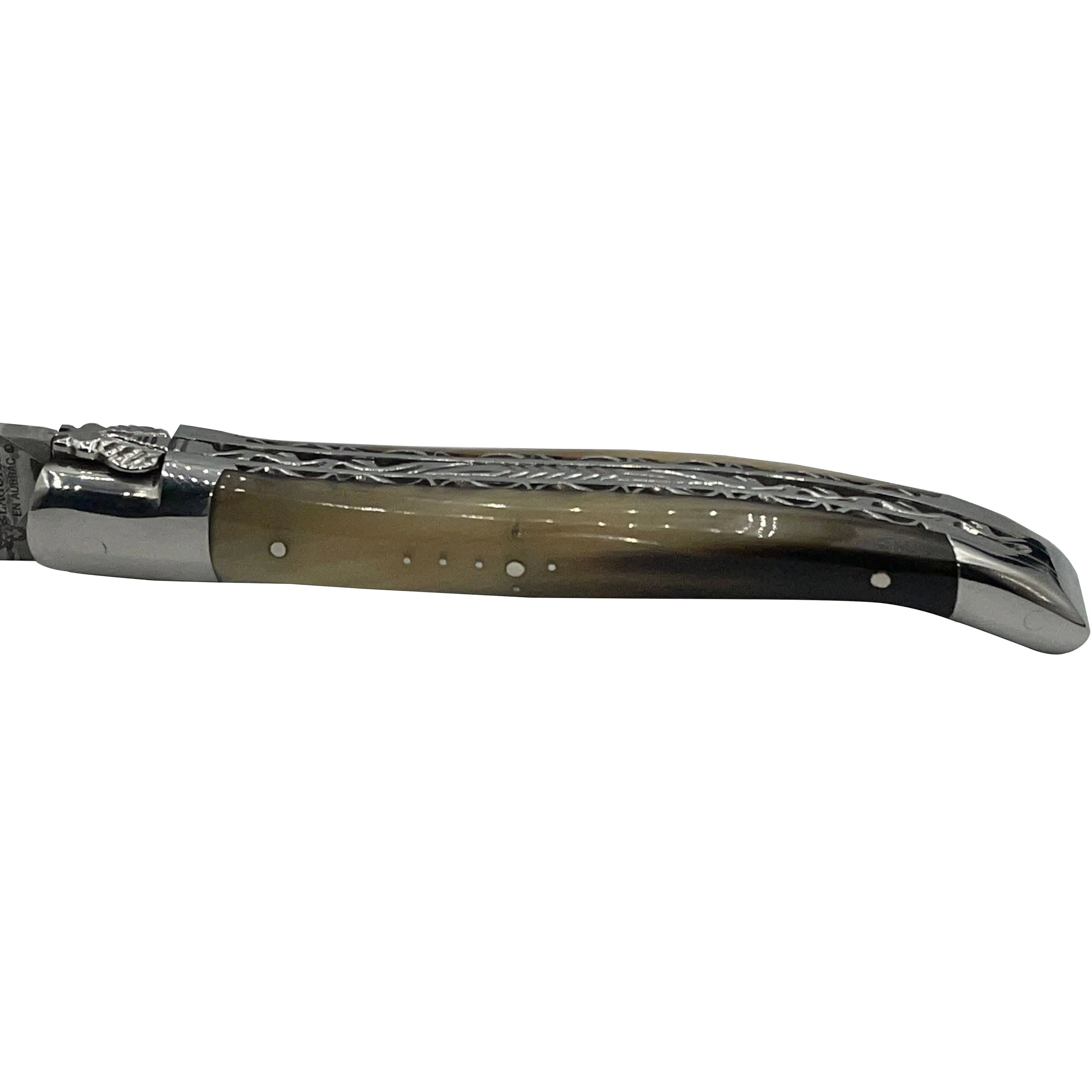 Laguiole en Aubrac Handcrafted Explosion Damascus Double Plates Multipurpose Knife with Shiny Bolsters, Solid Horn Handle, 4.75-Inches