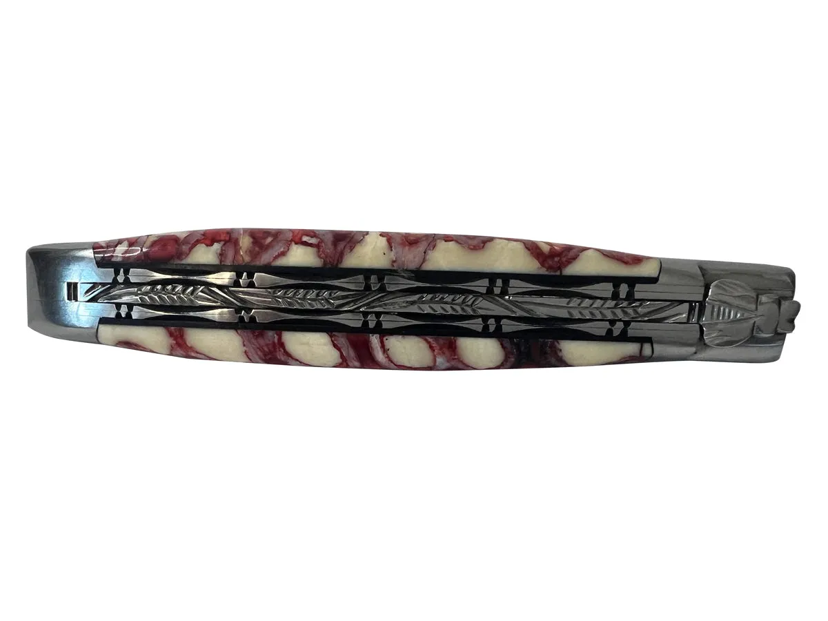 Laguiole en Aubrac Handcrafted Limited Edition Rough Forged Blade Double Plates Multipurpose Knife with Red Mollar Handle,  4.75-Inches