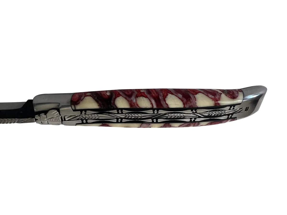 Laguiole en Aubrac Handcrafted Limited Edition Rough Forged Blade Double Plates Multipurpose Knife with Red Mollar Handle,  4.75-Inches