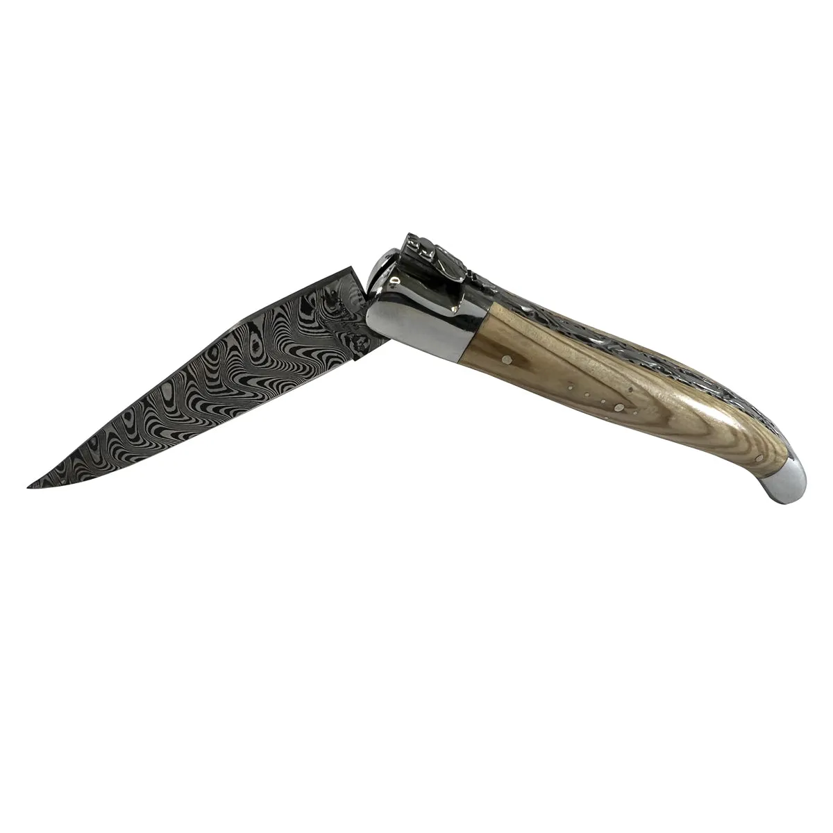 Laguiole en Aubrac Handcrafted Multilayer Damascus Double Plate Multipurpose Knife With Olive Wood Handle, 4.75-Inches