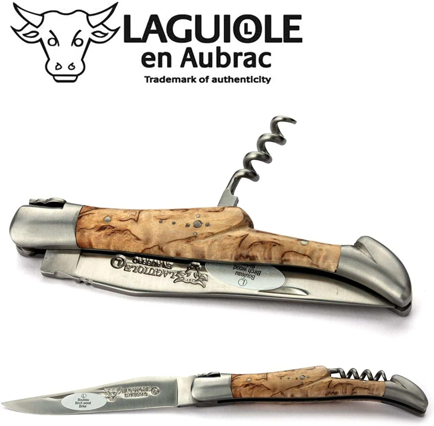 Laguiole en Aubrac Handcrafted Multipurpose Knife with Corkscrew, Birchwood Handle, 4.75 inches