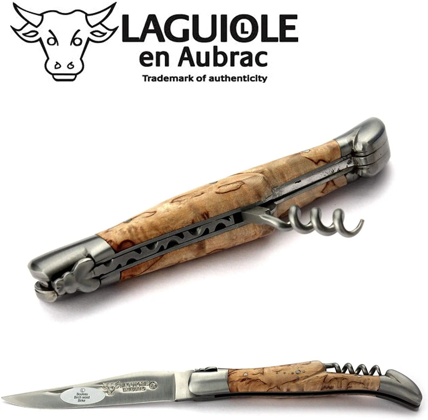Laguiole en Aubrac Handcrafted Multipurpose Knife with Corkscrew, Birchwood Handle, 4.75 inches