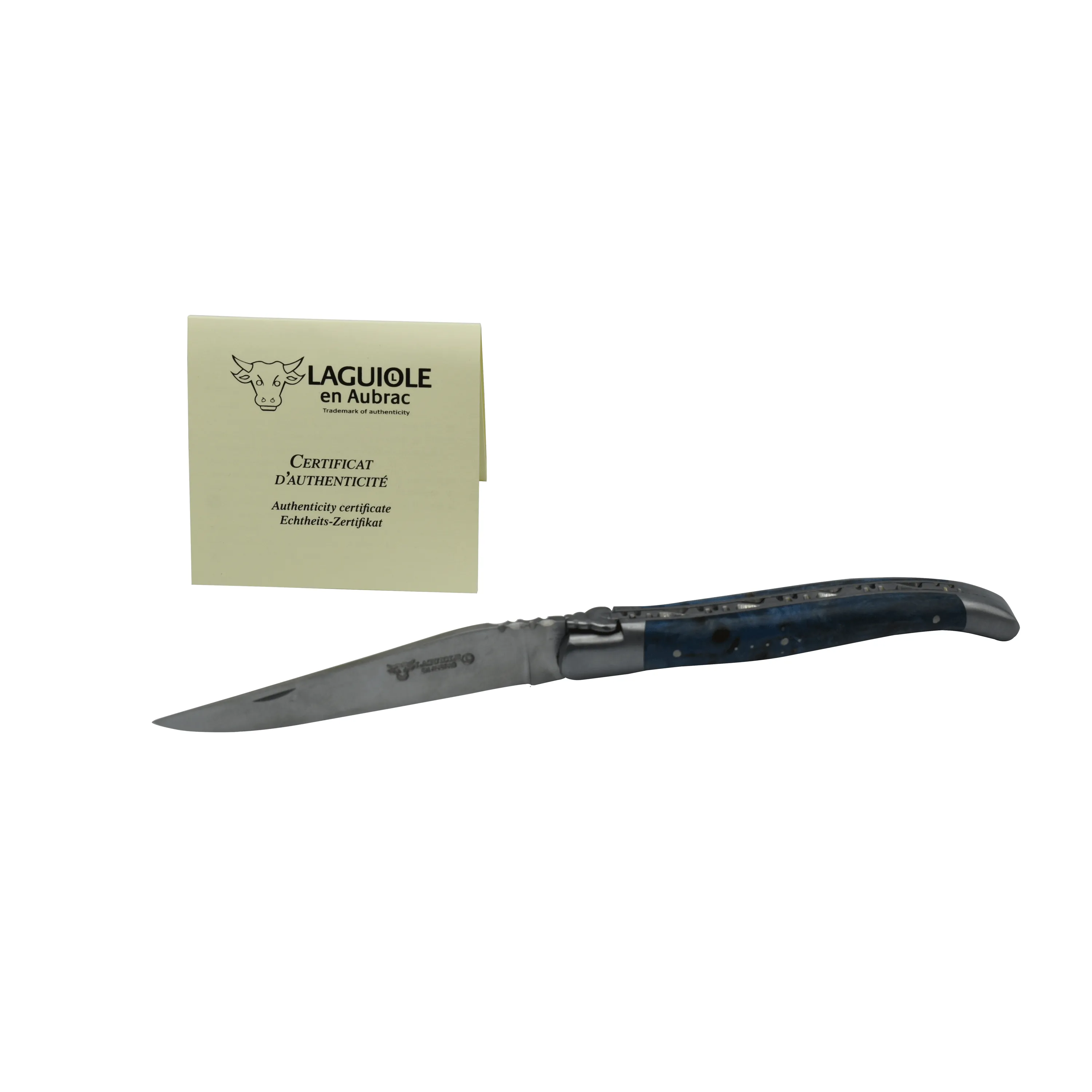 Laguiole en Aubrac Handcrafted Plates Multipurpose Knife, Blue Poplar Burl Wood Handle, 4.75 inches