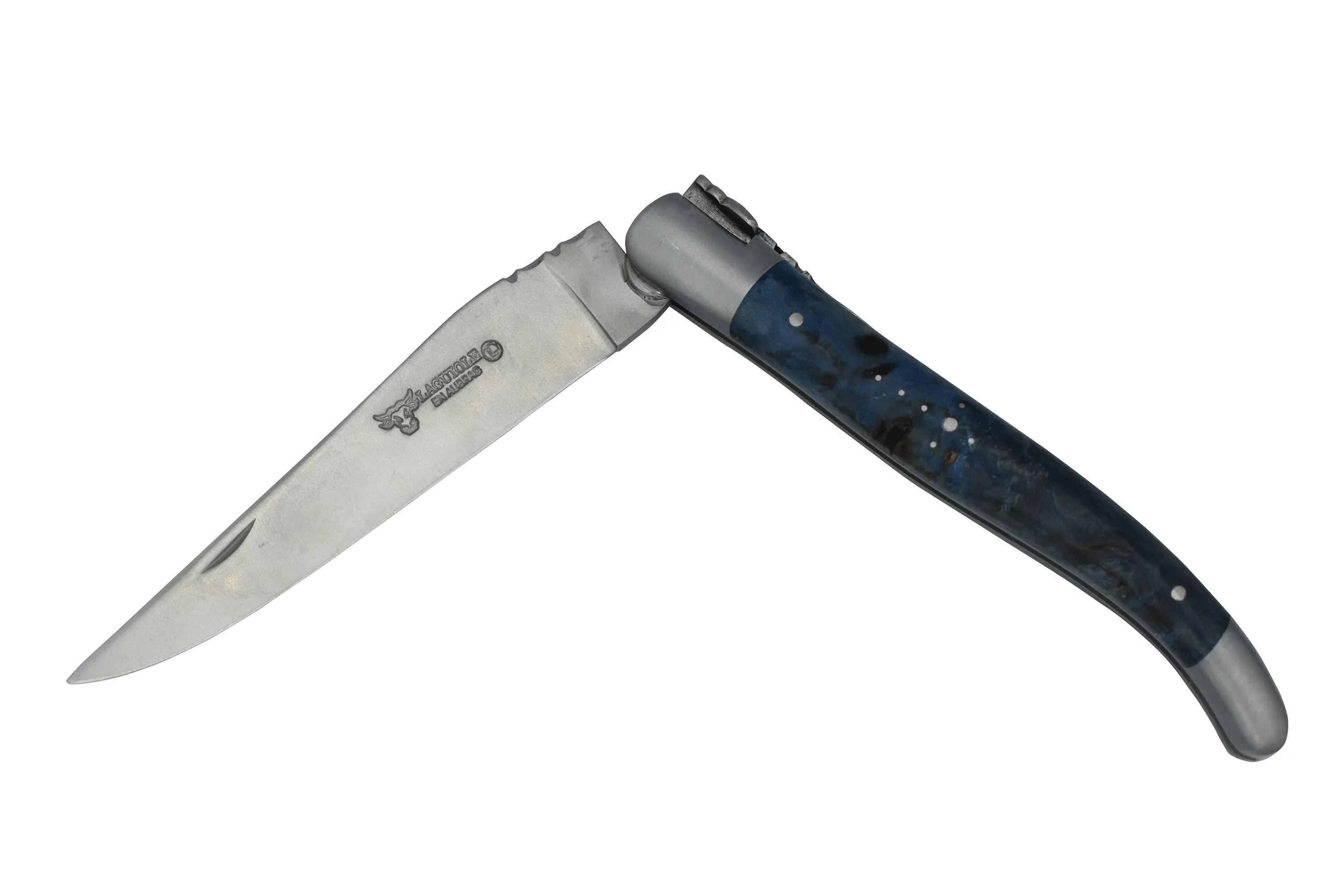 Laguiole en Aubrac Handcrafted Plates Multipurpose Knife, Blue Poplar Burl Wood Handle, 4.75 inches