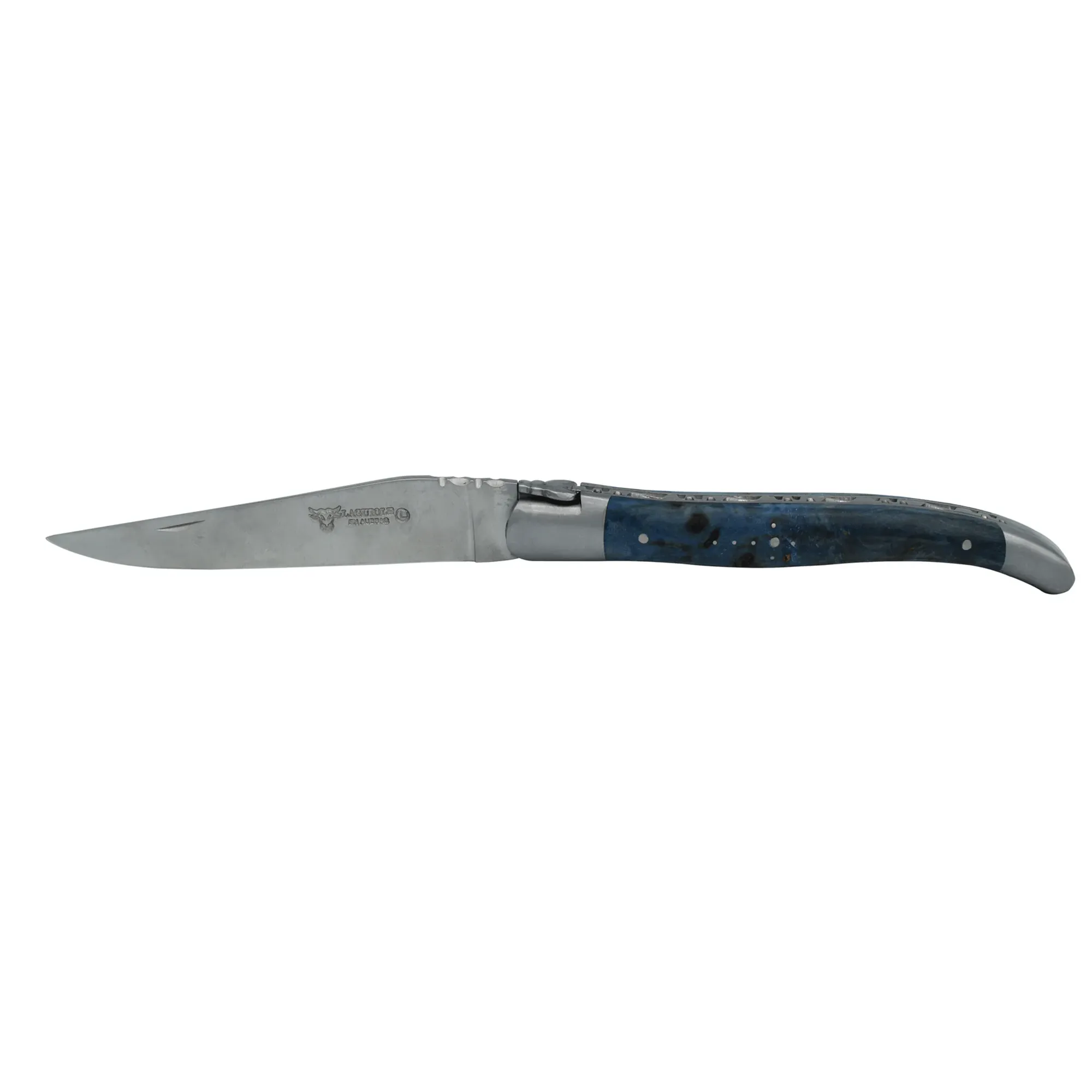 Laguiole en Aubrac Handcrafted Plates Multipurpose Knife, Blue Poplar Burl Wood Handle, 4.75 inches