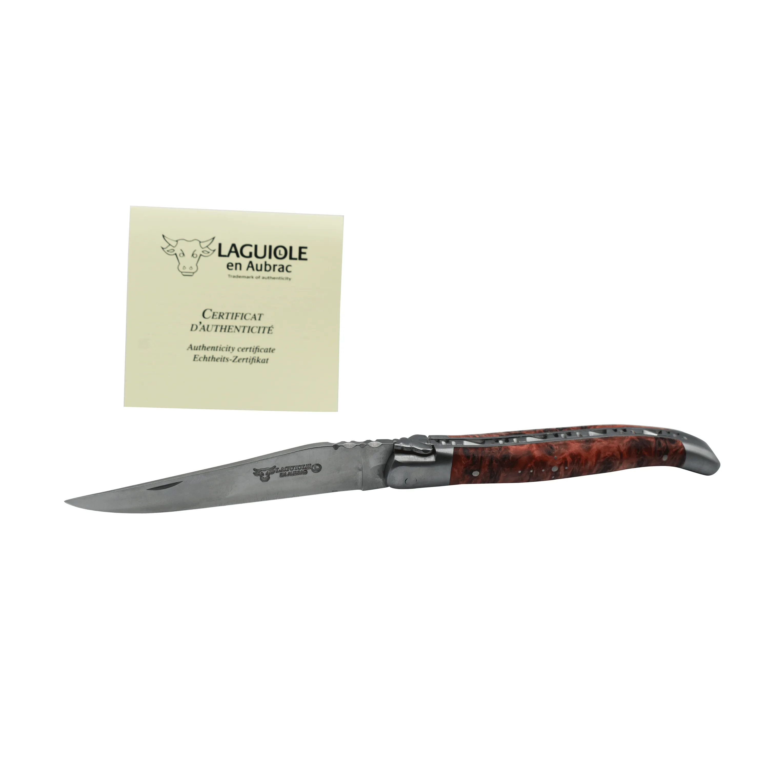 Laguiole en Aubrac Handcrafted Plates Multipurpose Knife, Red Poplar Burl Wood Handle, 4.75 inches
