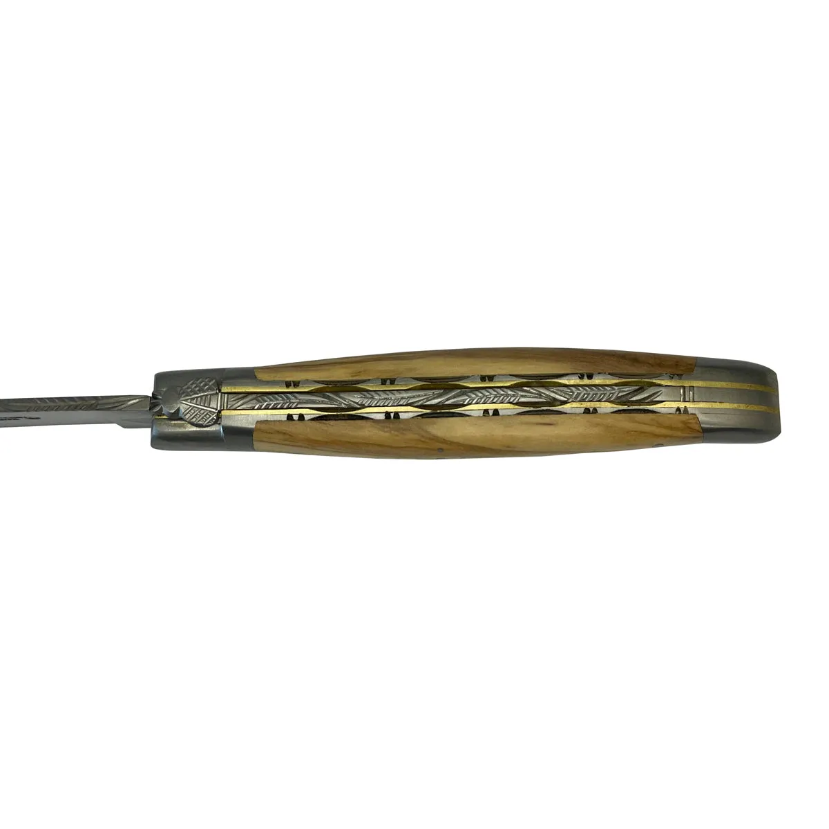 Laguiole en Aubrac Handcrafted Stainless Steel & Brass Double Plate Multipurpose Knife with Shiny Bolsters, Olivewood Handle,  4.75-Inches