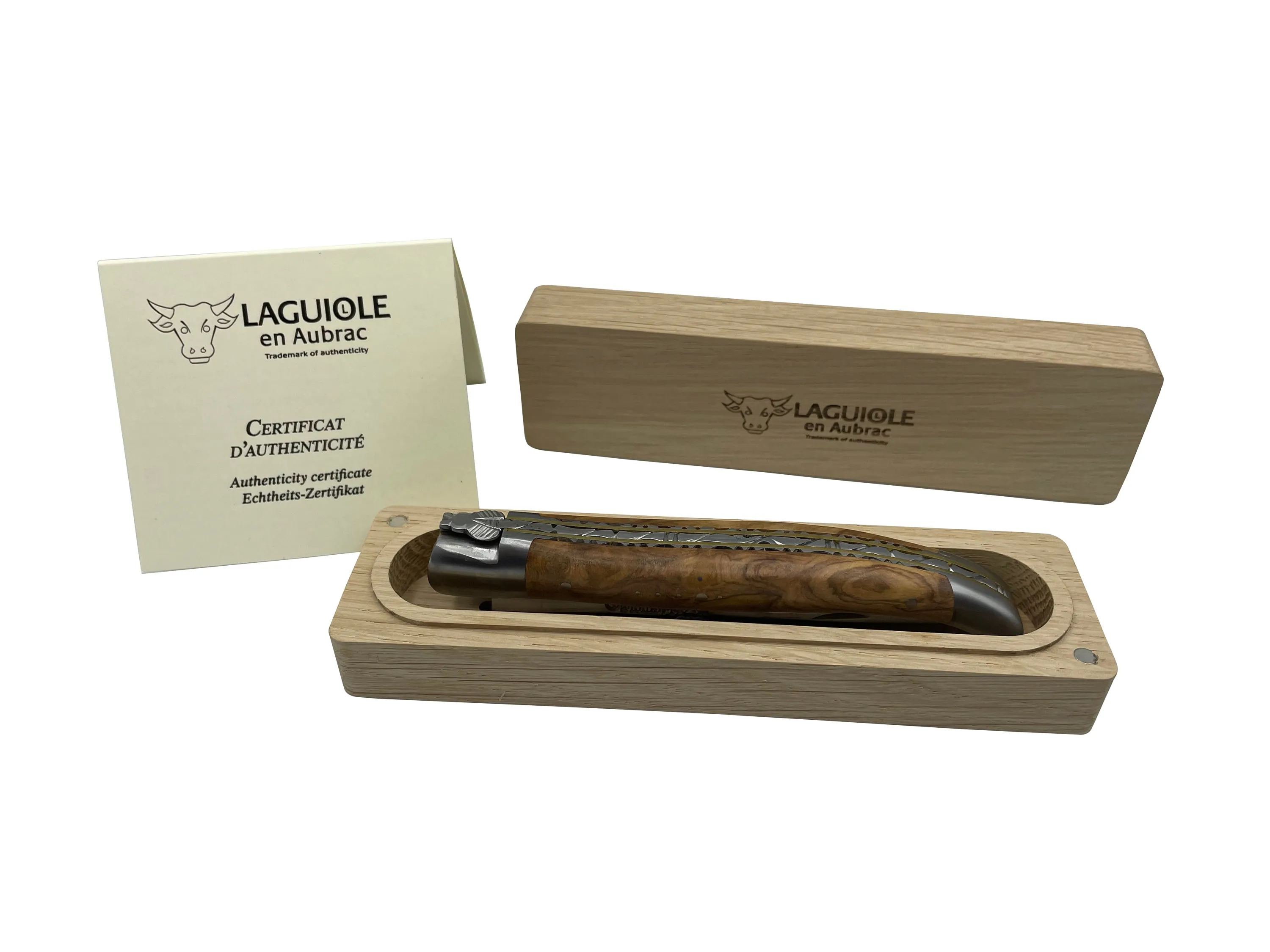 Laguiole en Aubrac Handcrafted Stainless Steel & Brass Double Plate Multipurpose Knife with Shiny Bolsters, Olivewood Handle,  4.75-Inches