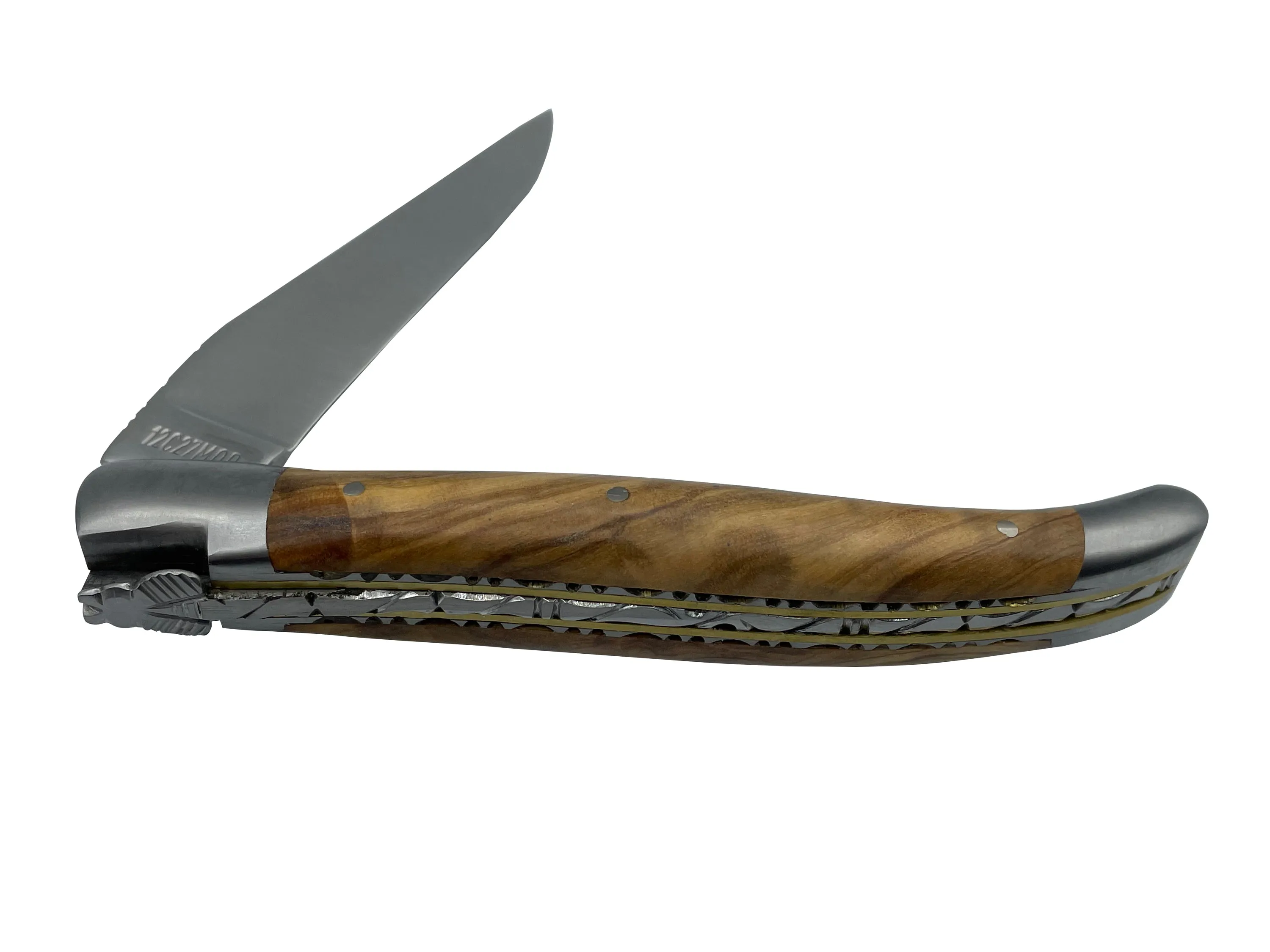 Laguiole en Aubrac Handcrafted Stainless Steel & Brass Double Plate Multipurpose Knife with Shiny Bolsters, Olivewood Handle,  4.75-Inches