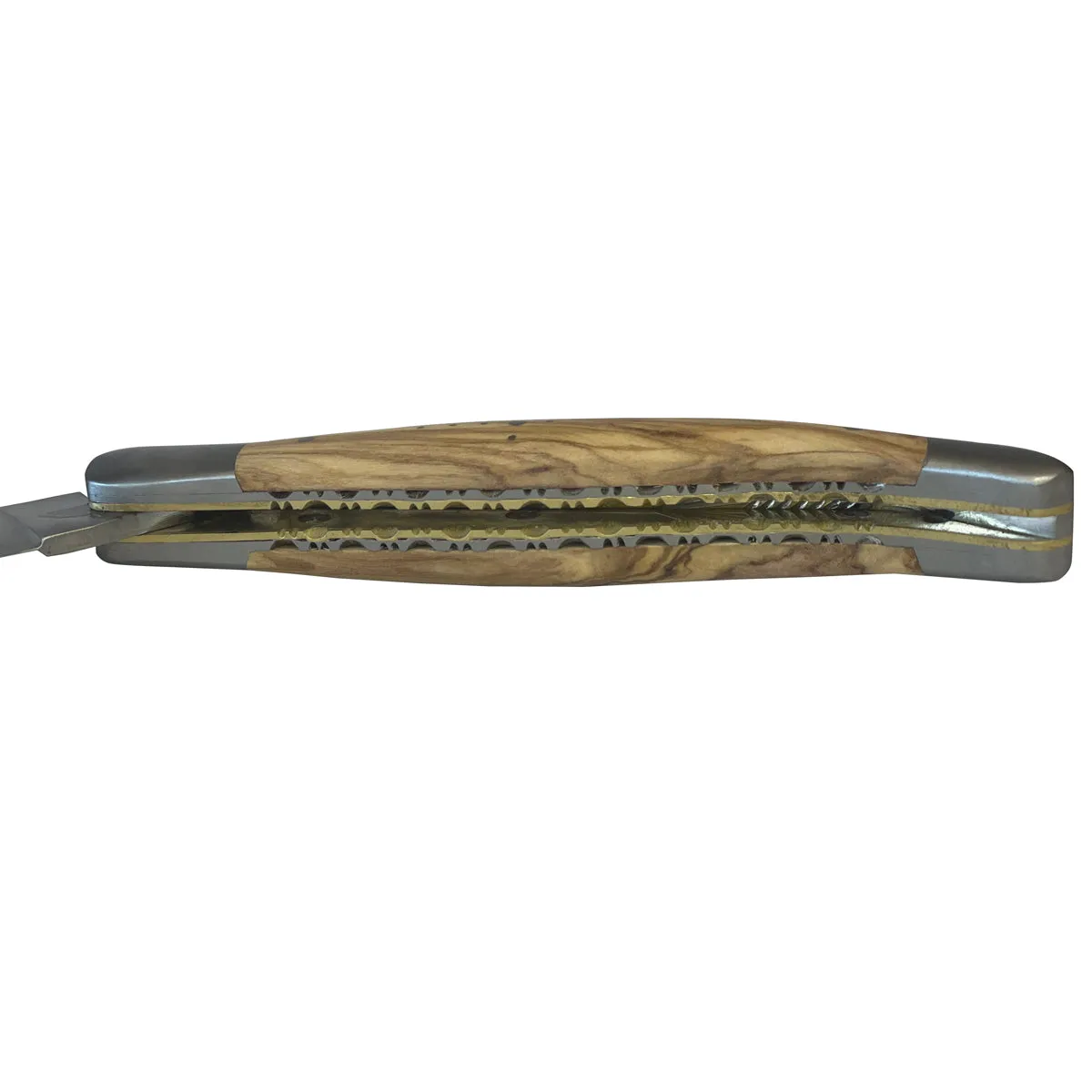 Laguiole en Aubrac Handcrafted Stainless Steel & Brass Double Plate Multipurpose Knife with Shiny Bolsters, Olivewood Handle,  4.75-Inches