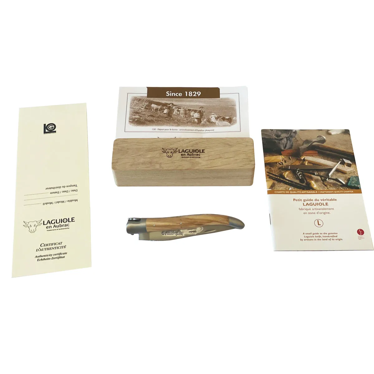 Laguiole en Aubrac Handcrafted Stainless Steel & Brass Double Plate Multipurpose Knife with Shiny Bolsters, Olivewood Handle,  4.75-Inches