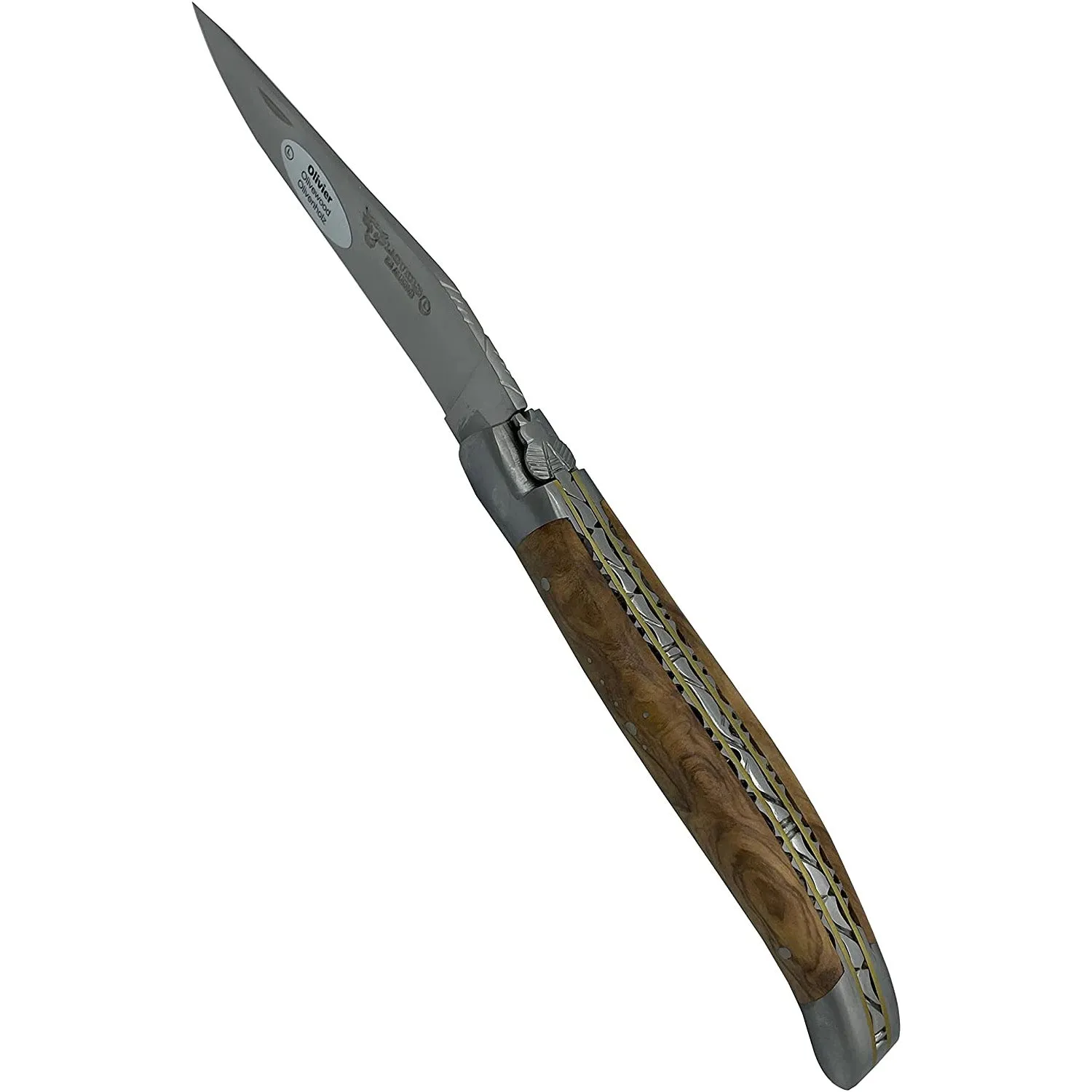 Laguiole en Aubrac Handcrafted Stainless Steel & Brass Double Plate Multipurpose Knife with Shiny Bolsters, Olivewood Handle,  4.75-Inches