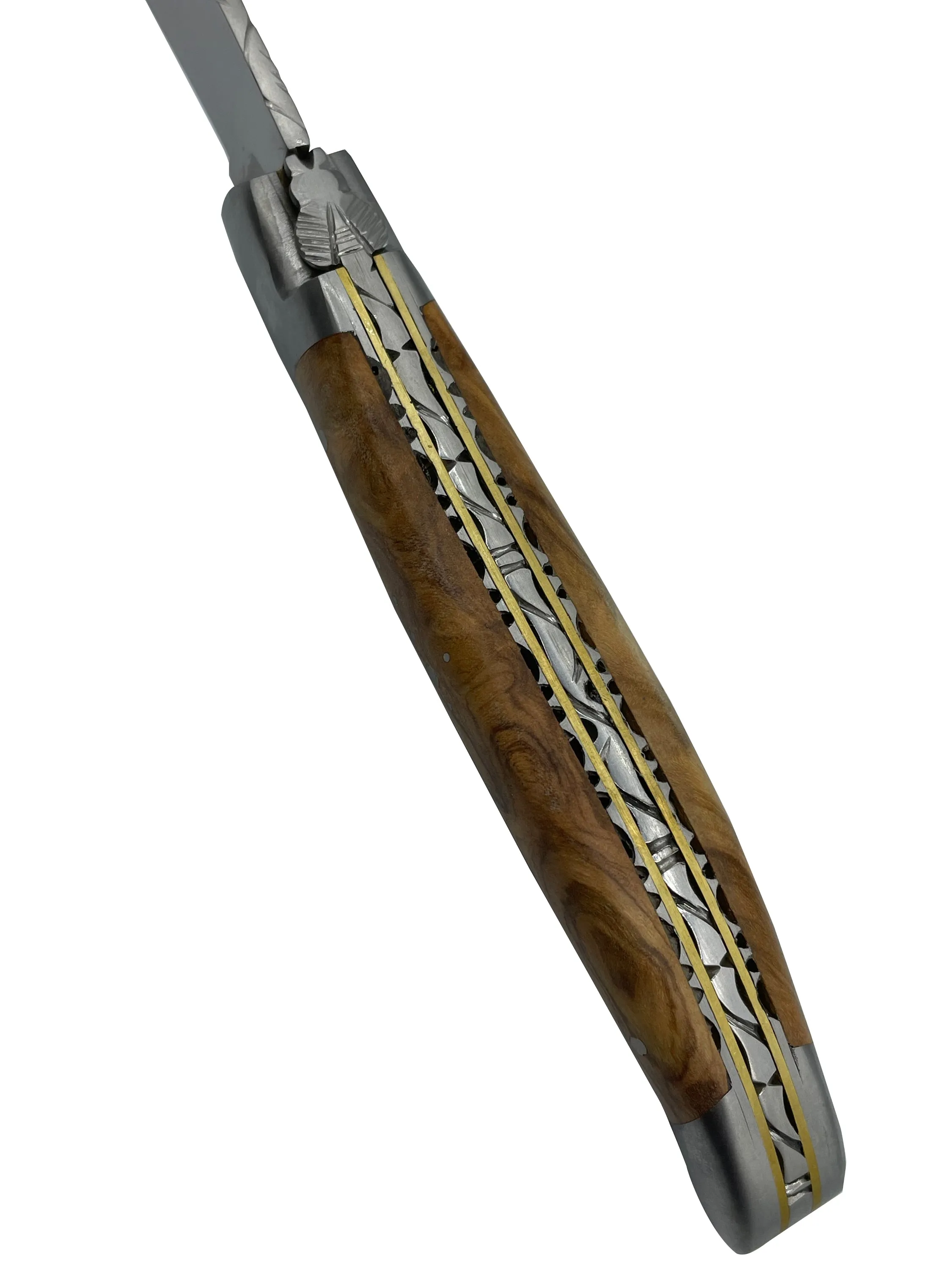 Laguiole en Aubrac Handcrafted Stainless Steel & Brass Double Plate Multipurpose Knife with Shiny Bolsters, Olivewood Handle,  4.75-Inches