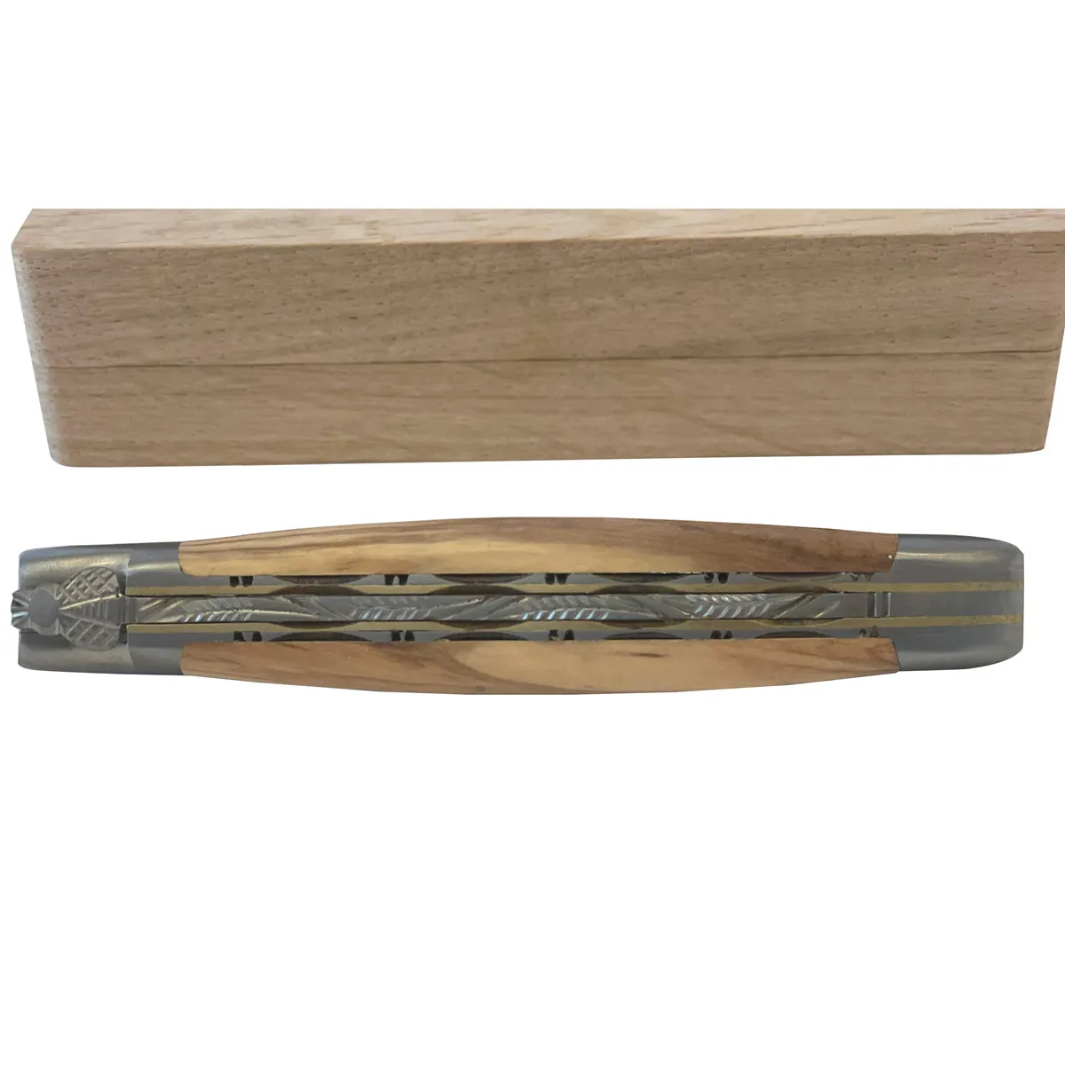 Laguiole en Aubrac Handcrafted Stainless Steel & Brass Double Plate Multipurpose Knife with Shiny Bolsters, Olivewood Handle,  4.75-Inches
