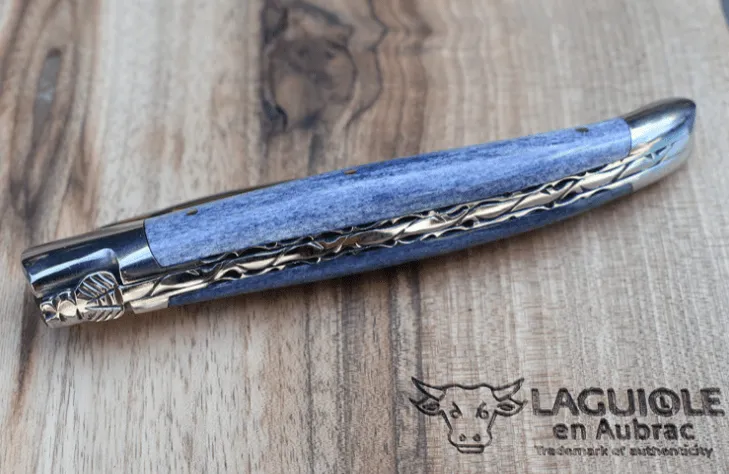 Laguiole en Aubrac Handmade Luxury Plates Multipurpose Knife with Blue Camel Bone Handle, 4.7-in